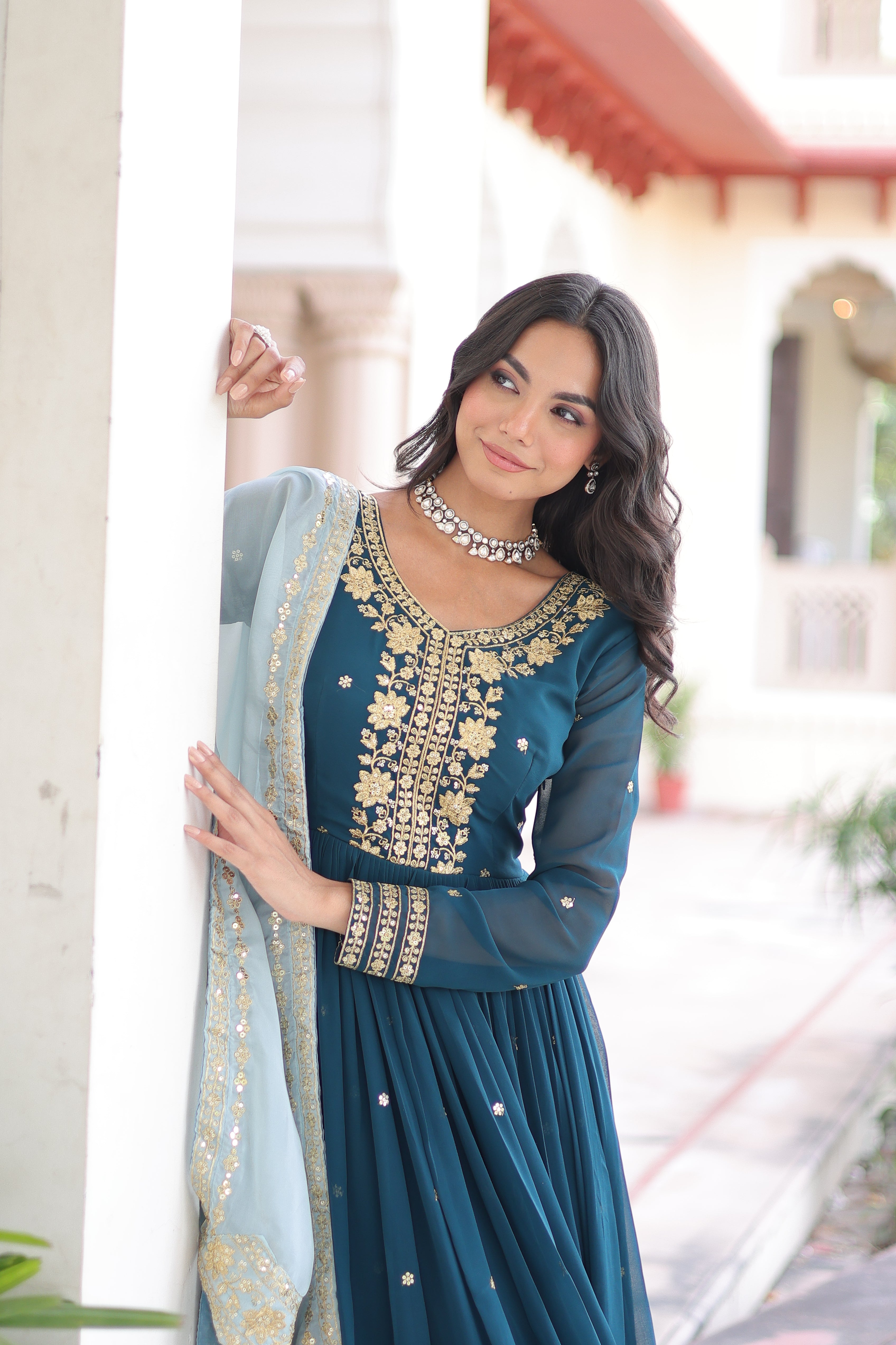 Vireen Teal Blue Faux Georgette Zari Sequins Embroidery Gown with Dupatta