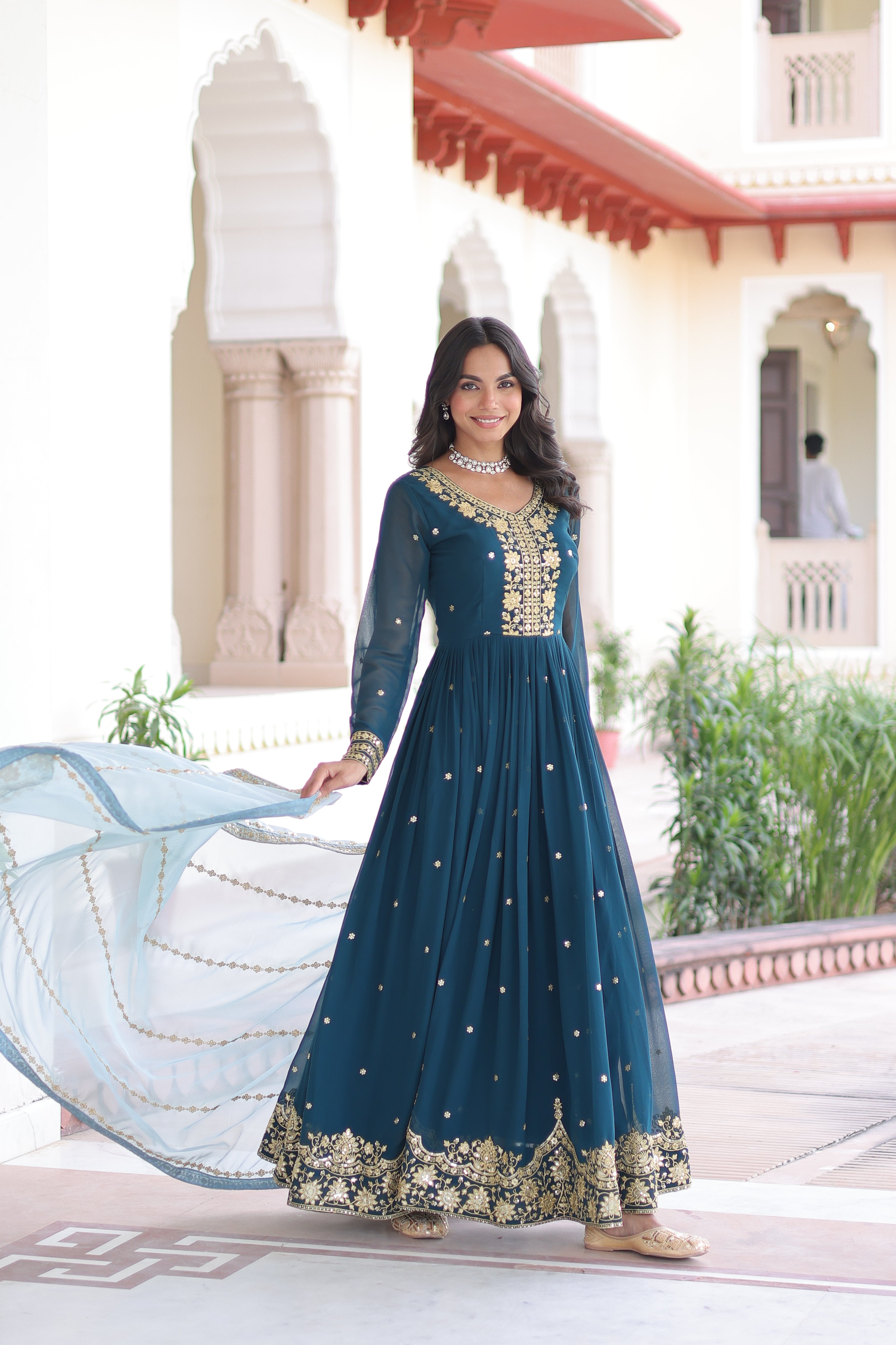 Vireen Teal Blue Faux Georgette Zari Sequins Embroidery Gown with Dupatta