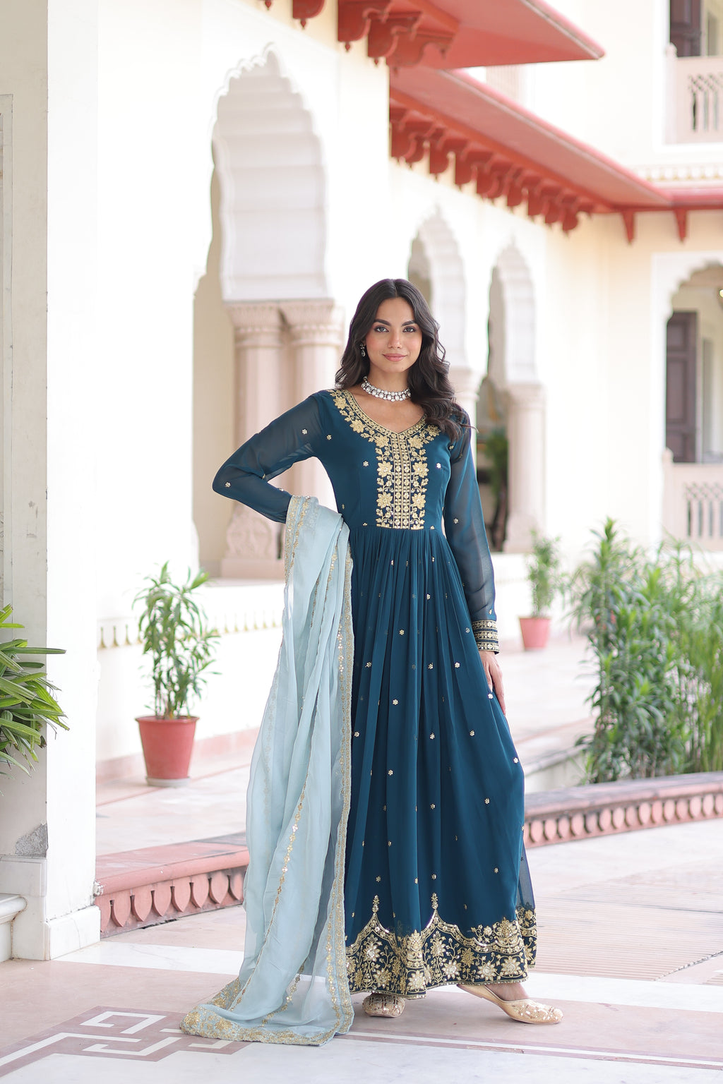 Vireen Teal Blue Faux Georgette Zari Sequins Embroidery Gown with Dupatta