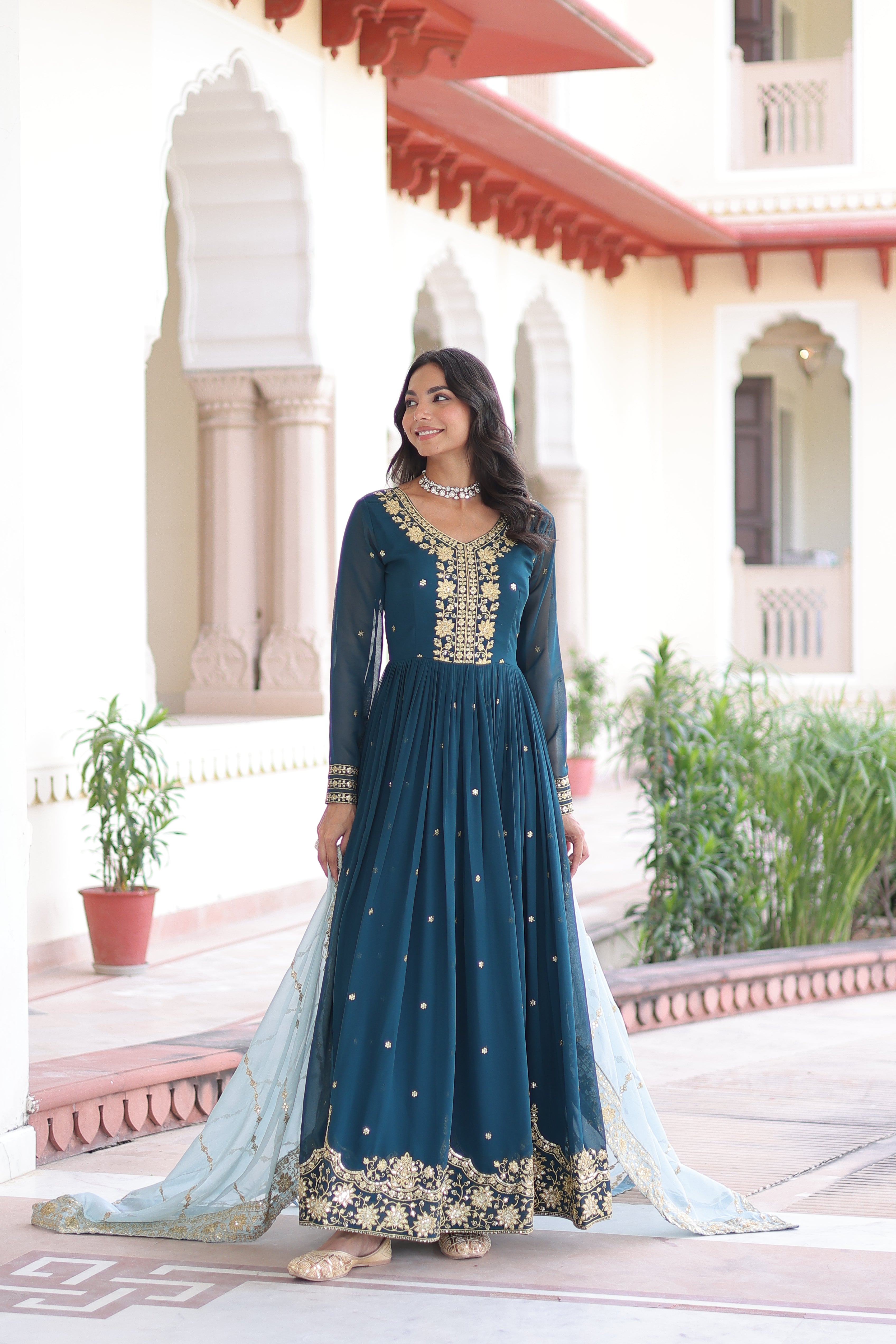 Vireen Teal Blue Faux Georgette Zari Sequins Embroidery Gown with Dupatta