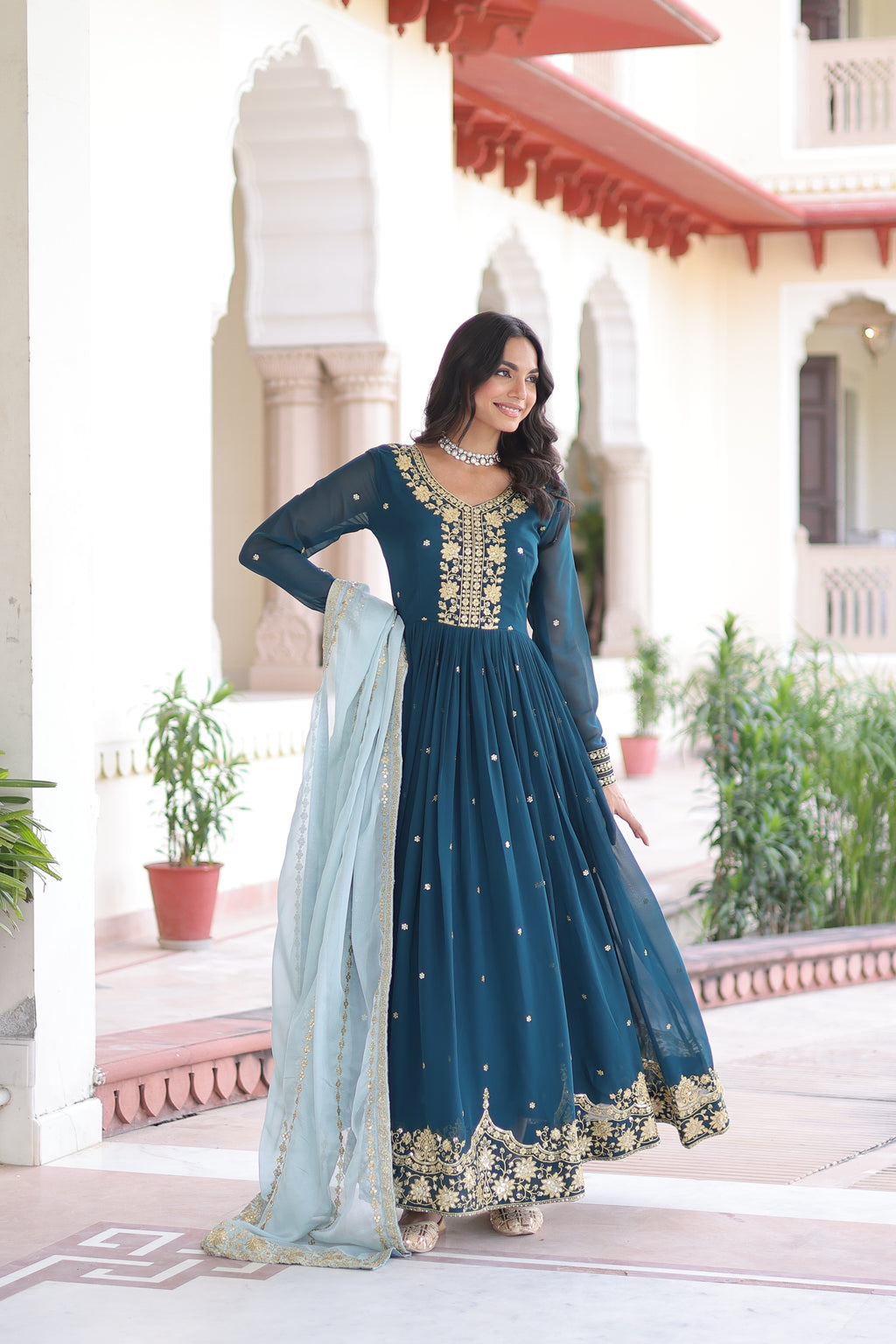 Vireen Teal Blue Faux Georgette Zari Sequins Embroidery Gown with Dupatta