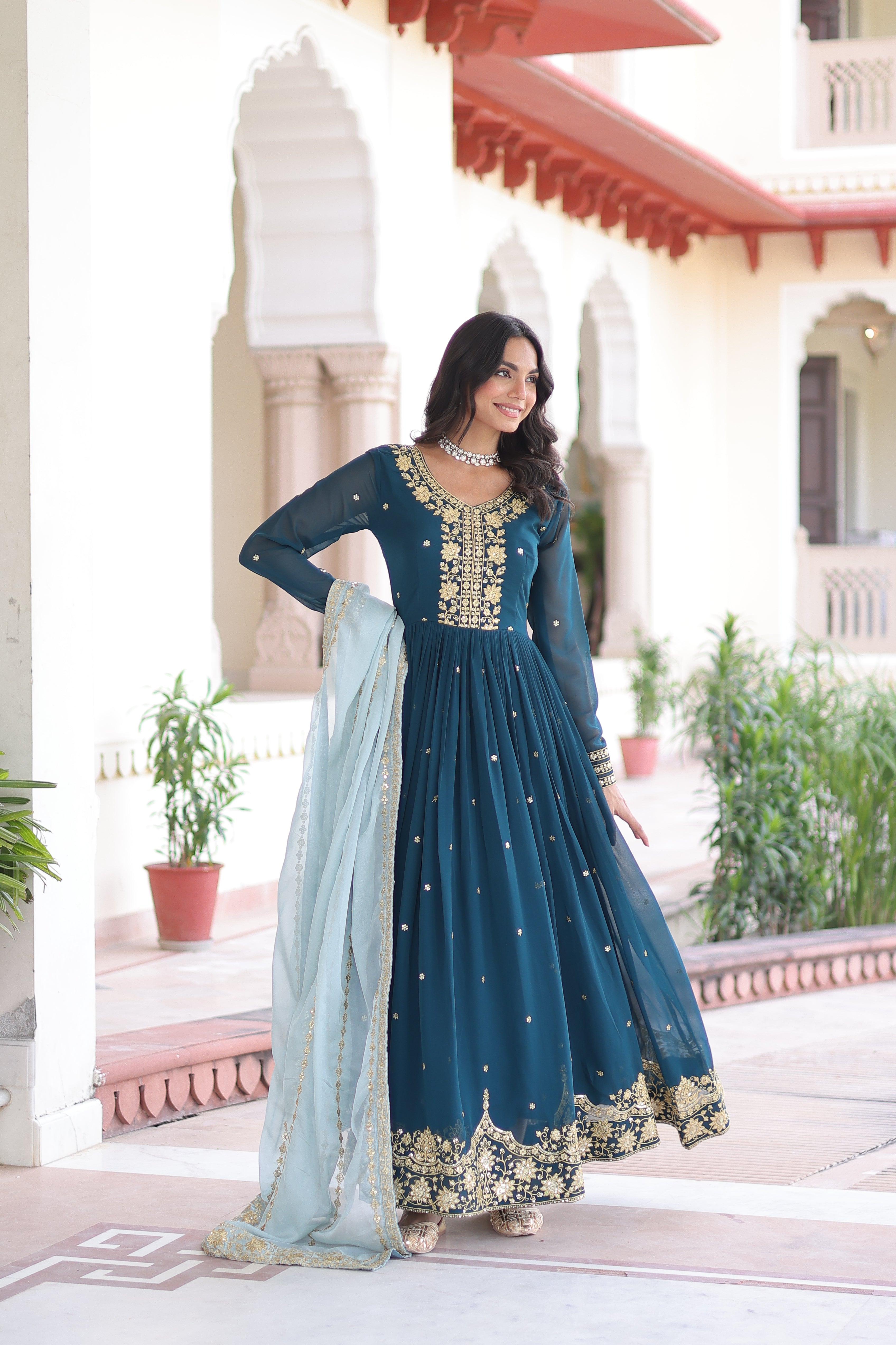 Vireen Teal Blue Faux Georgette Zari Sequins Embroidery Gown with Dupatta