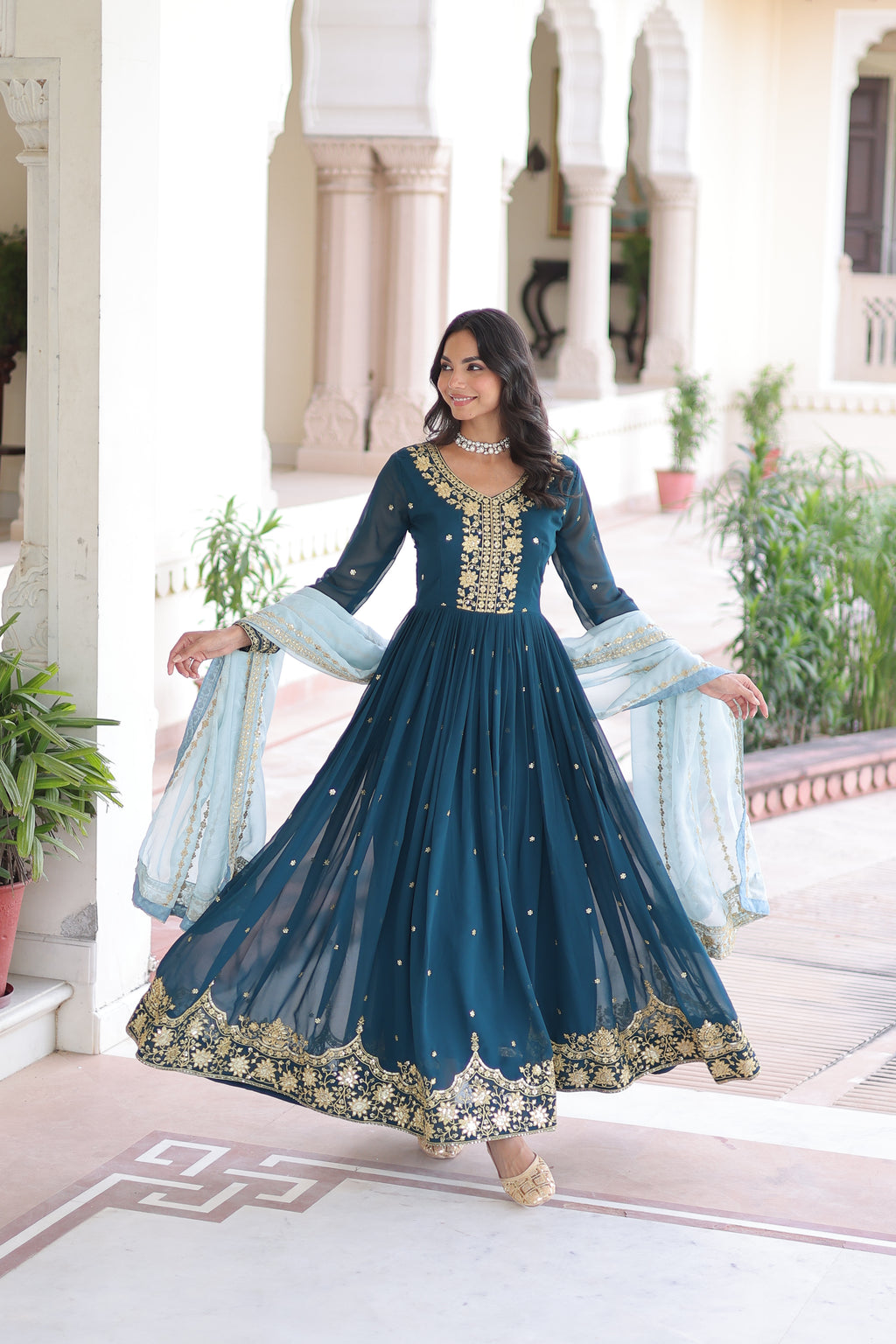 Vireen Teal Blue Faux Georgette Zari Sequins Embroidery Gown with Dupatta