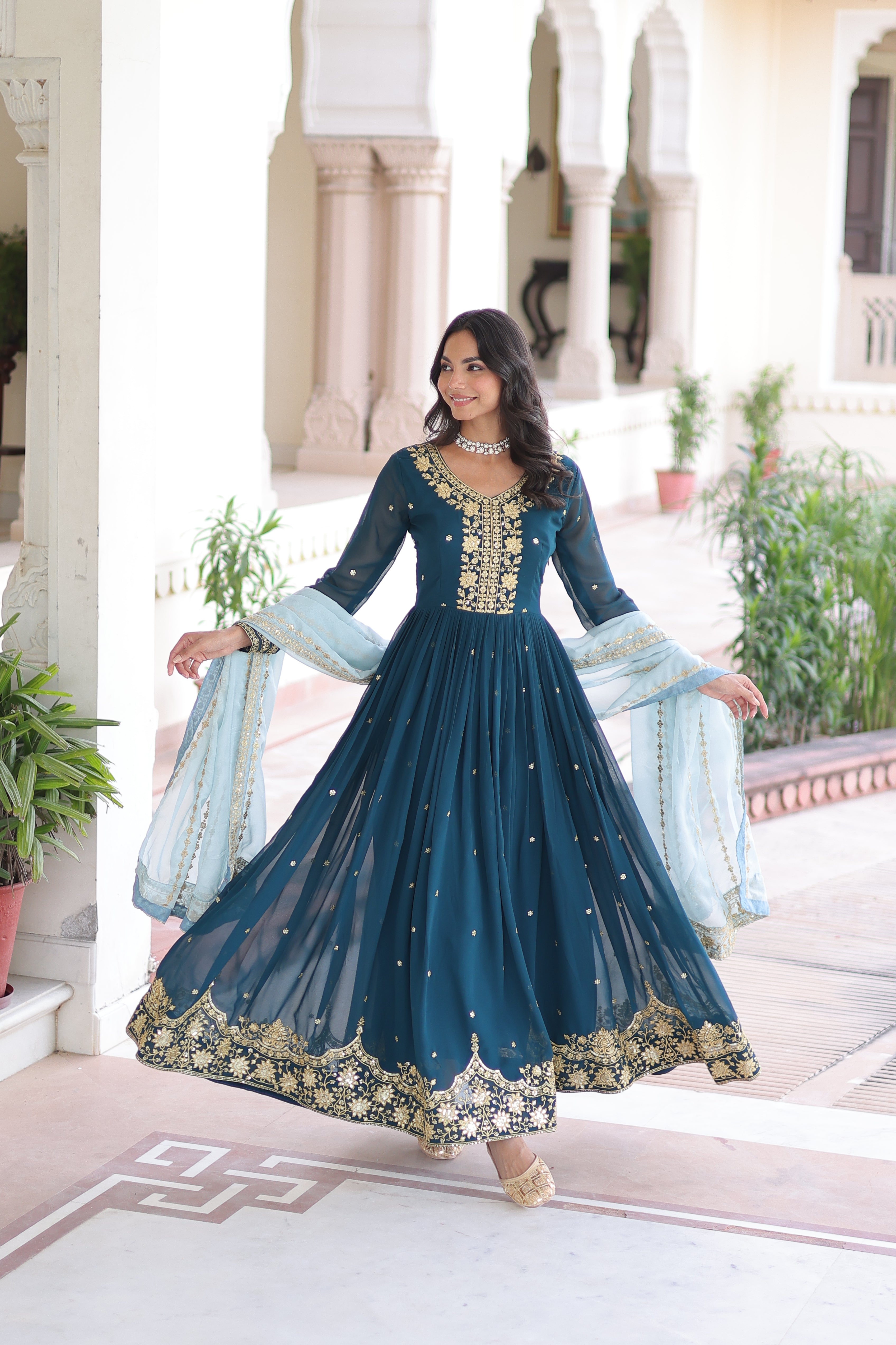 Vireen Teal Blue Faux Georgette Zari Sequins Embroidery Gown with Dupatta
