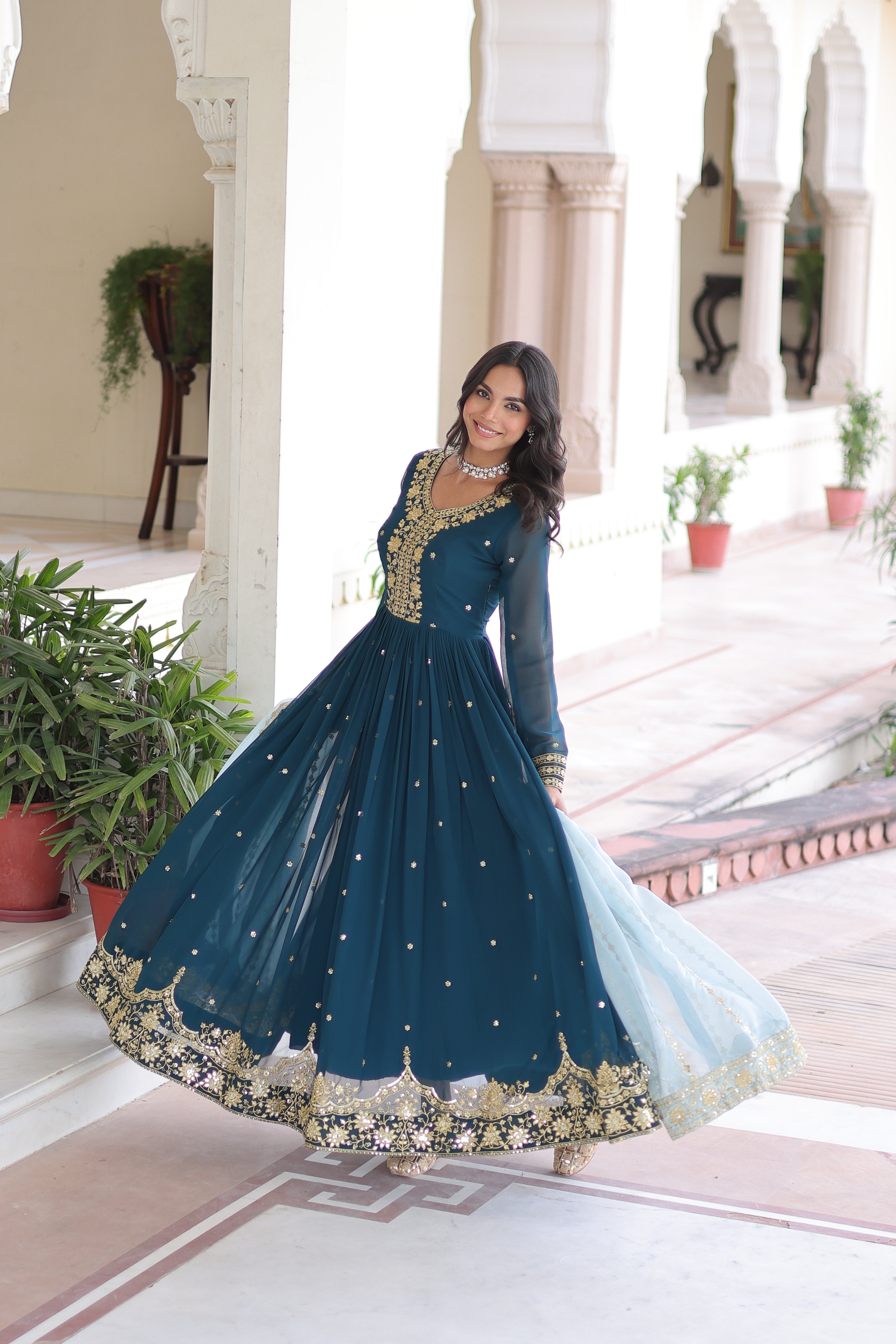 Vireen Teal Blue Faux Georgette Zari Sequins Embroidery Gown with Dupatta