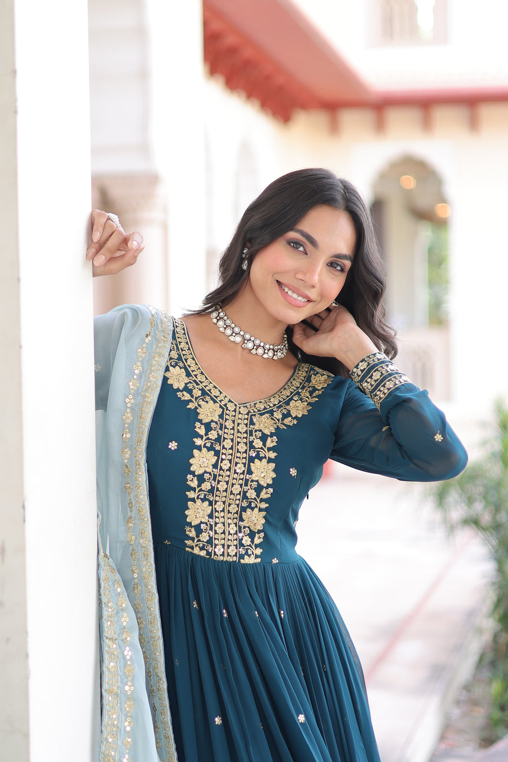 Vireen Teal Blue Faux Georgette Zari Sequins Embroidery Gown with Dupatta