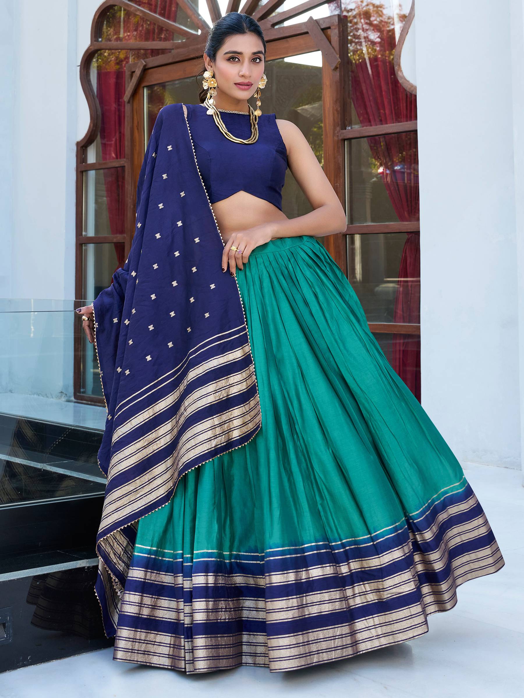Teal Blue Pure Chanderi Zari Weaving Lehenga Choli with Dupatta