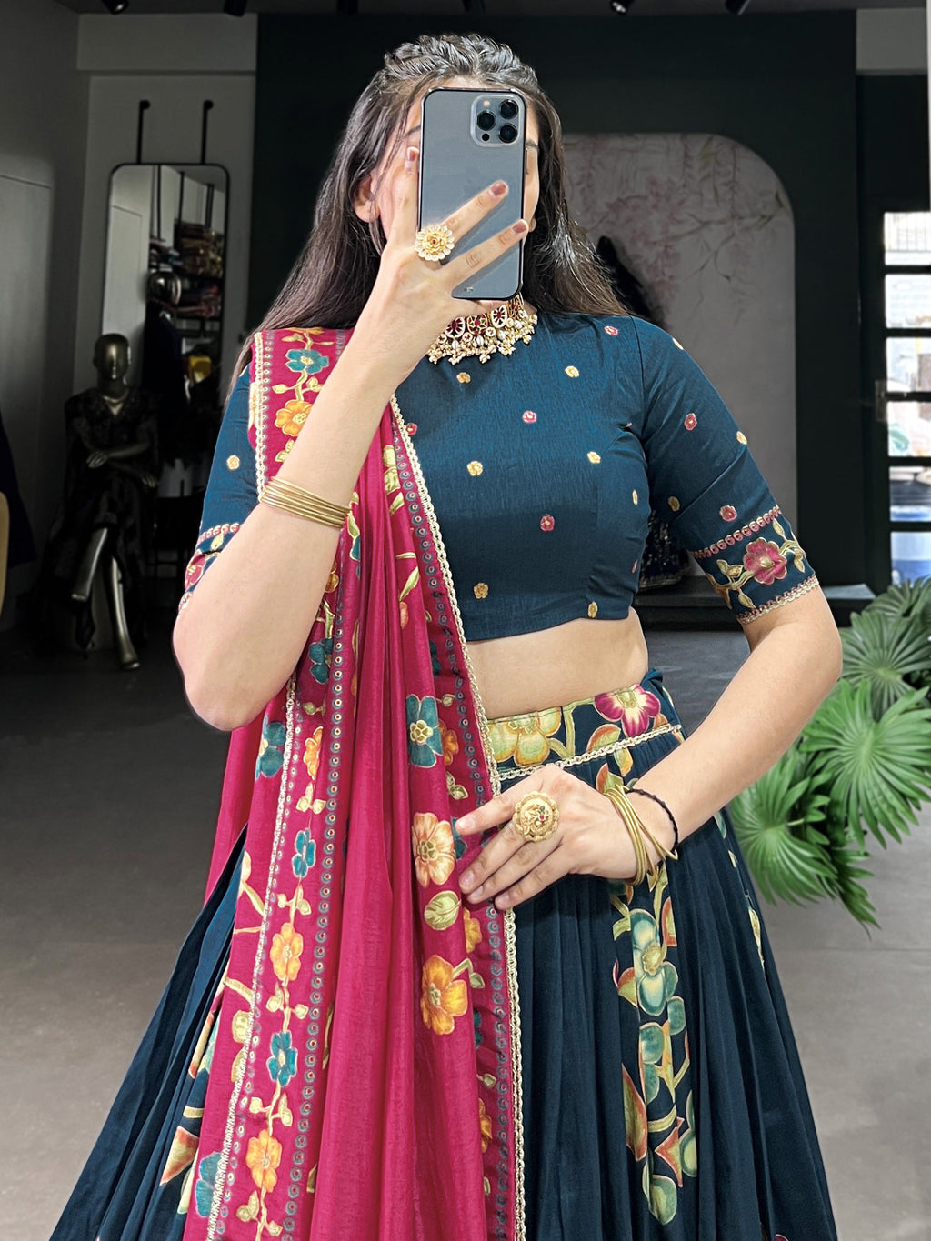 Teal blue tussar silk printed and foil work lehenga choli