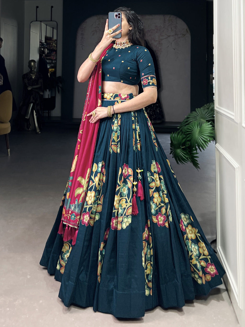 Teal blue tussar silk printed and foil work lehenga choli