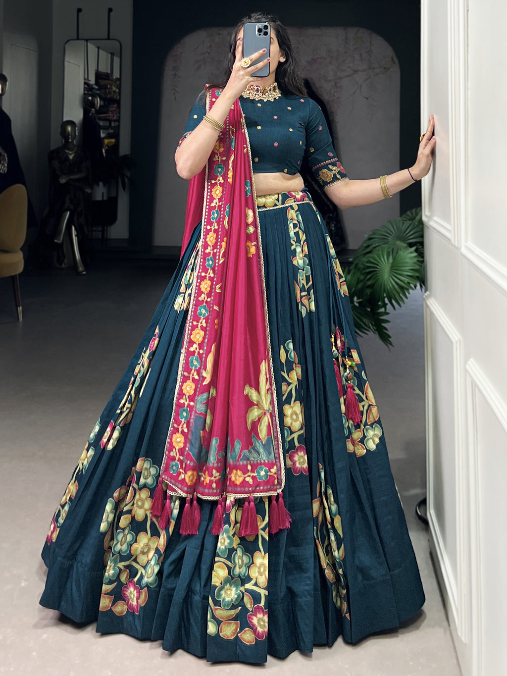 Teal blue tussar silk printed and foil work lehenga choli