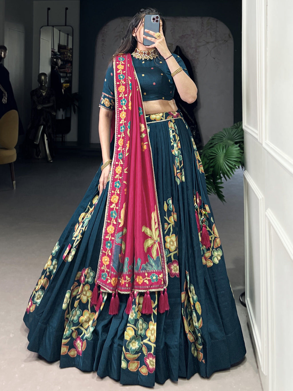 Teal blue tussar silk printed and foil work lehenga choli