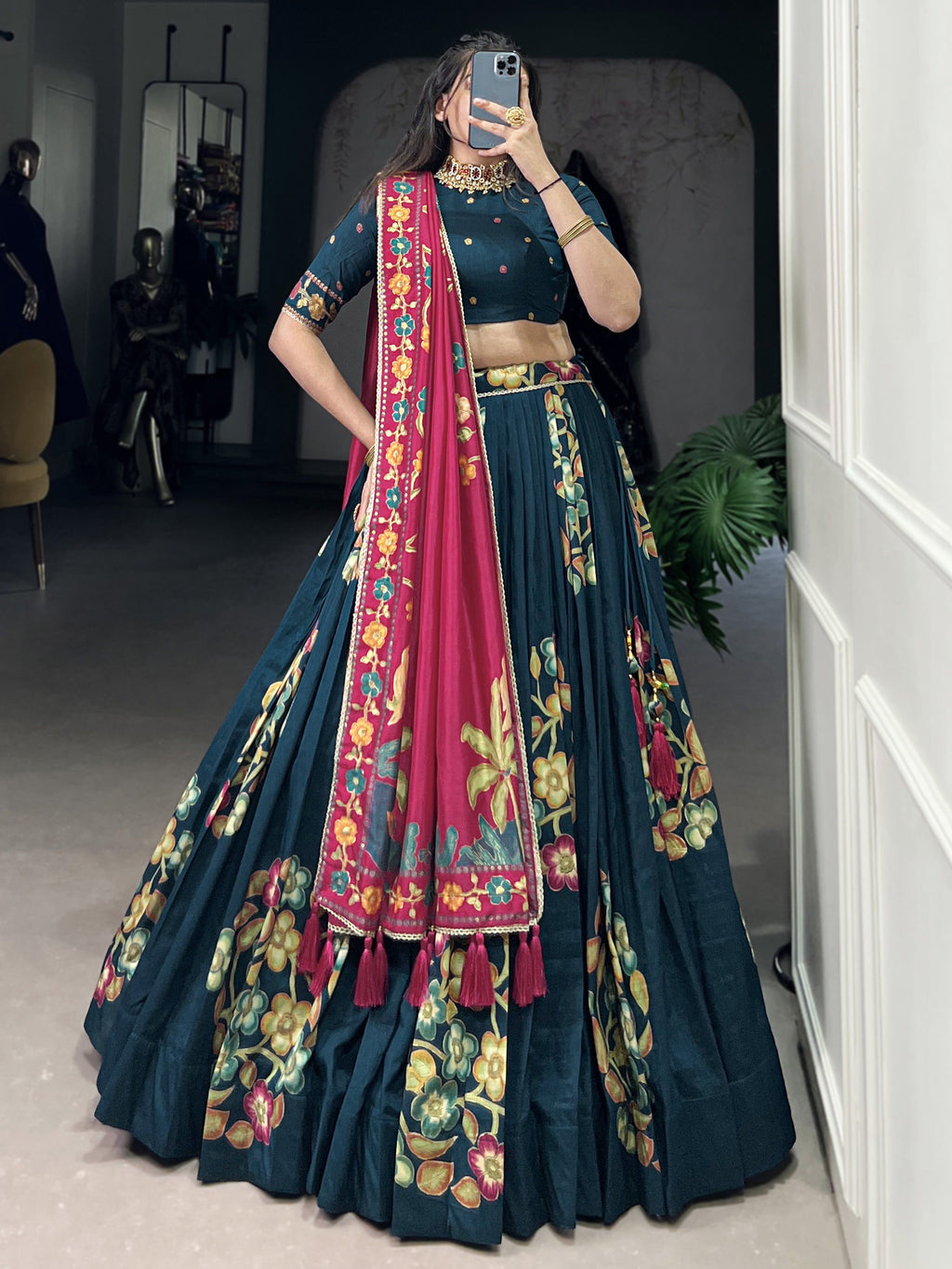 Teal blue tussar silk printed and foil work lehenga choli