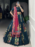 Teal blue tussar silk printed and foil work lehenga choli