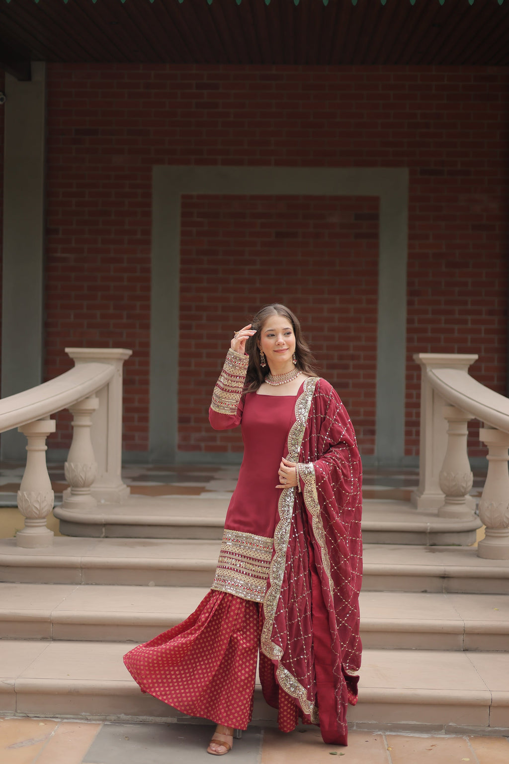 Tishya Maroon Georgette Embroidered Kurti Sharara Set