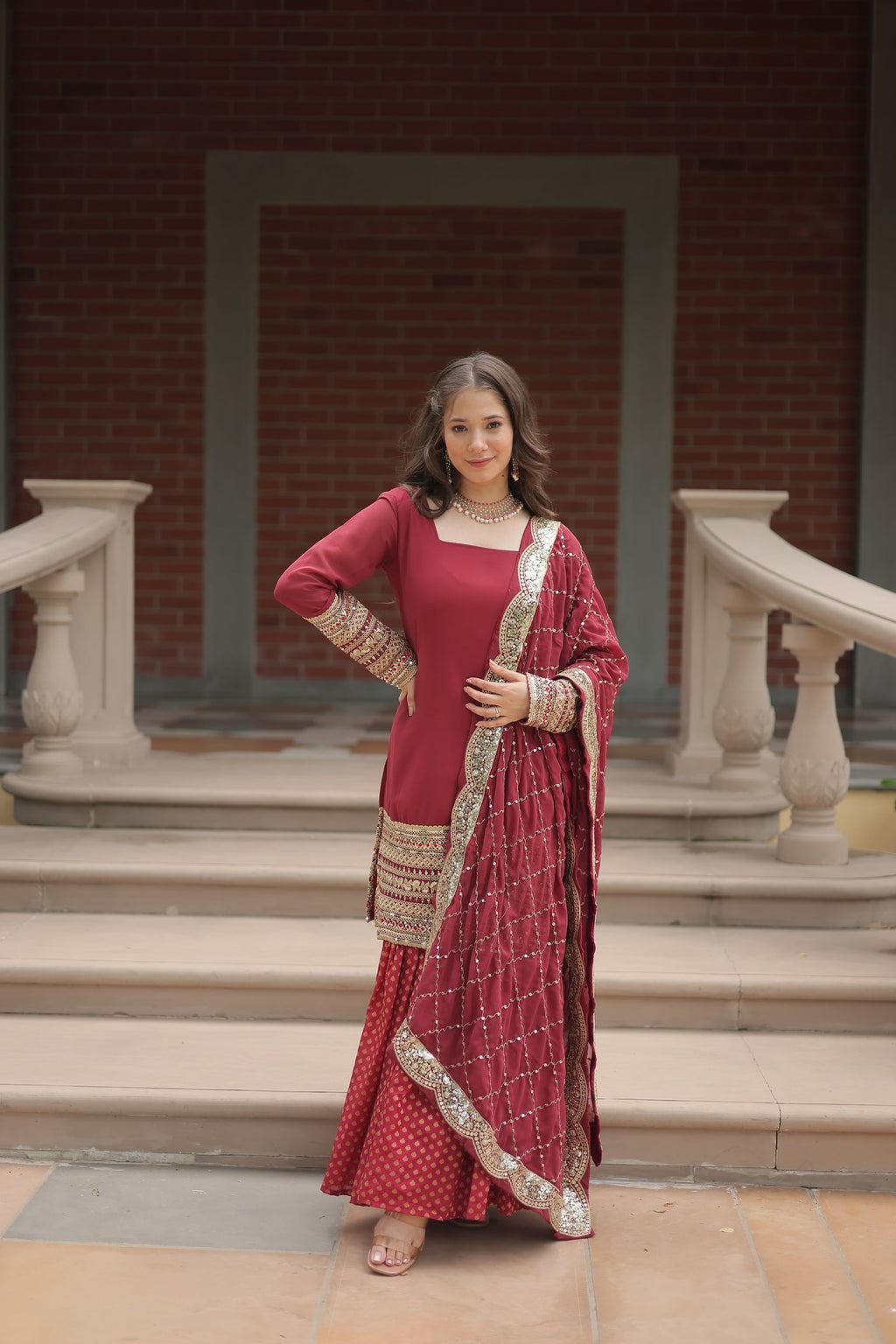 Tishya Maroon Georgette Embroidered Kurti Sharara Set