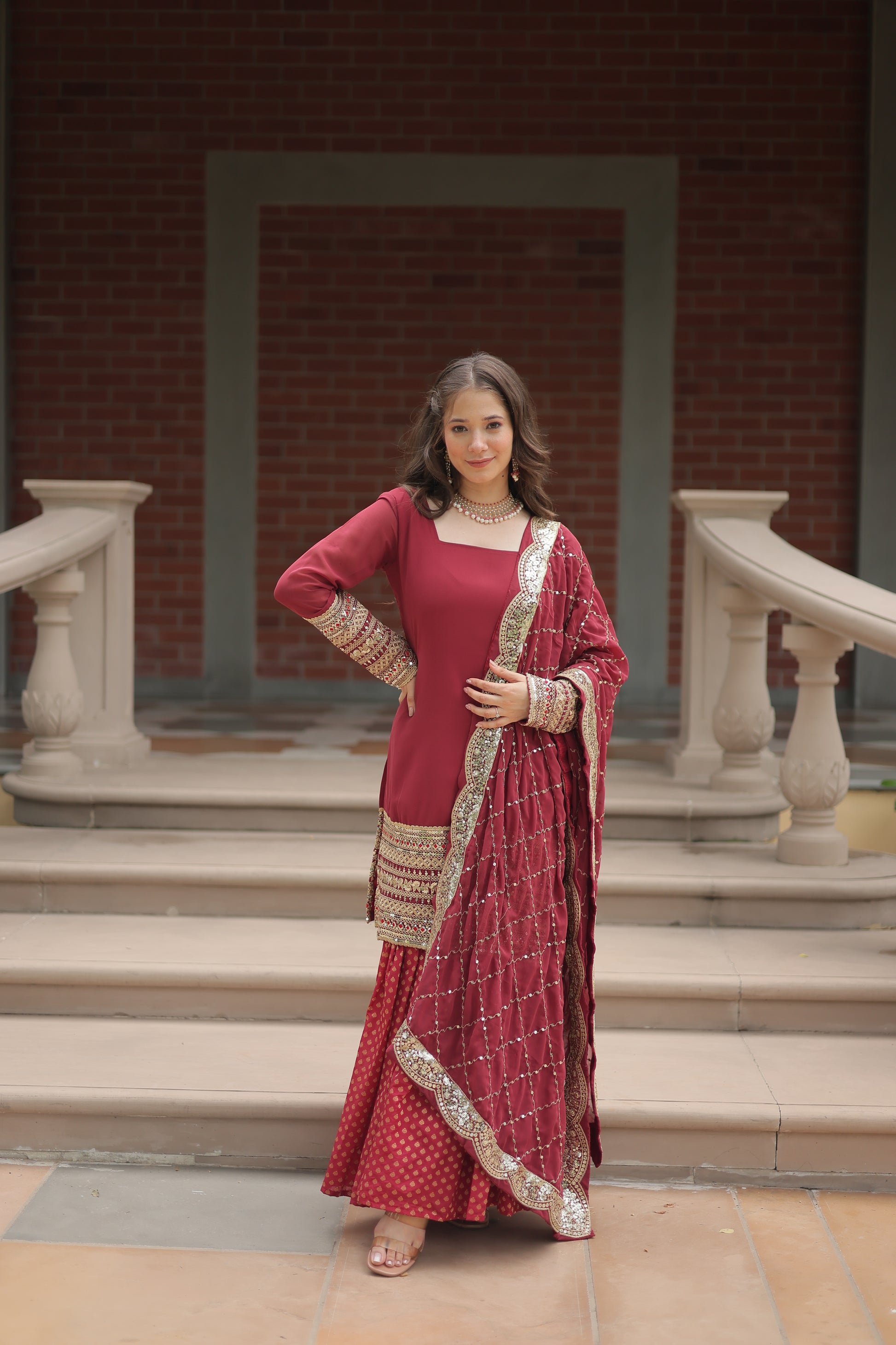 Tishya Maroon Georgette Embroidered Kurti Sharara Set
