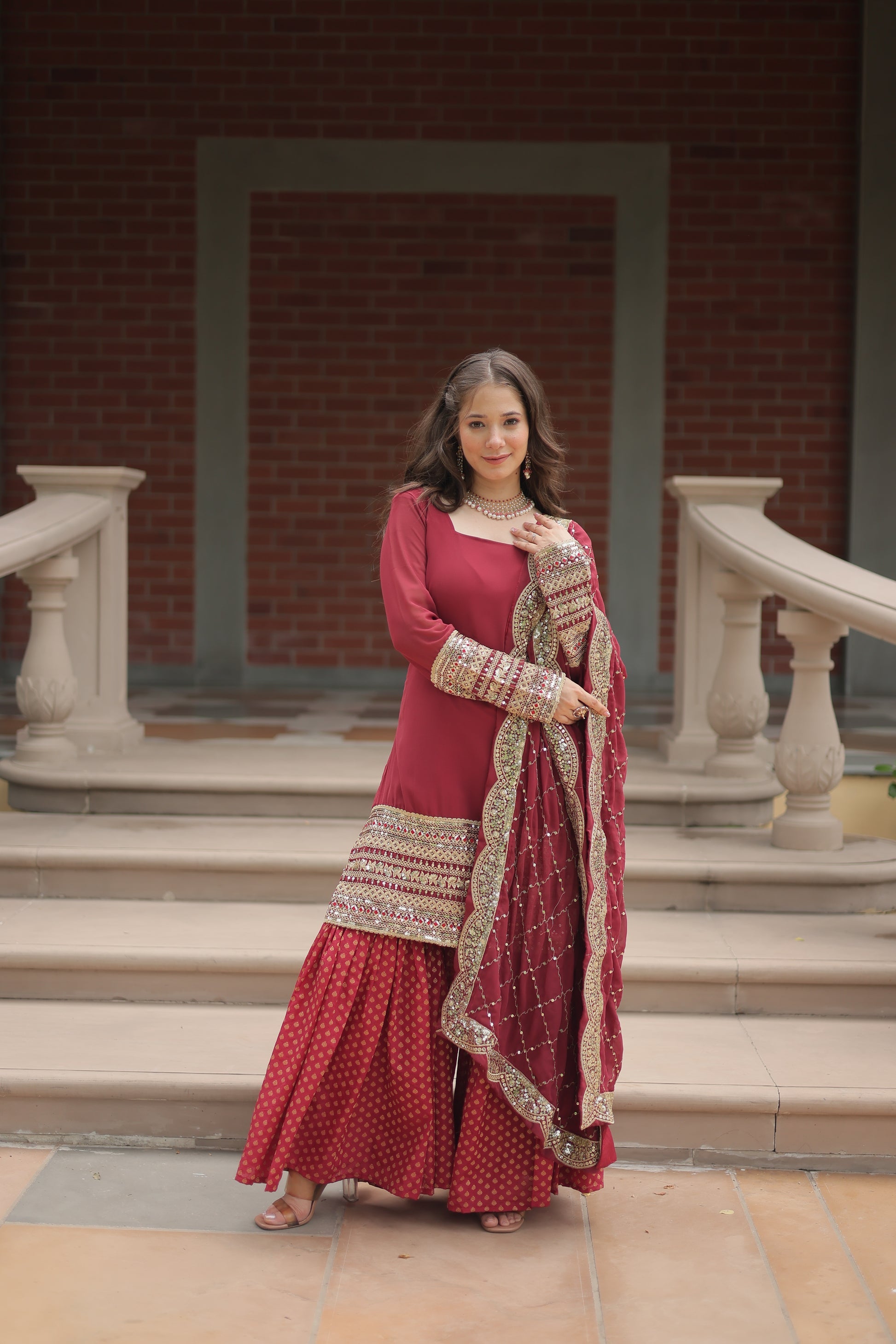 Tishya Maroon Georgette Embroidered Kurti Sharara Set