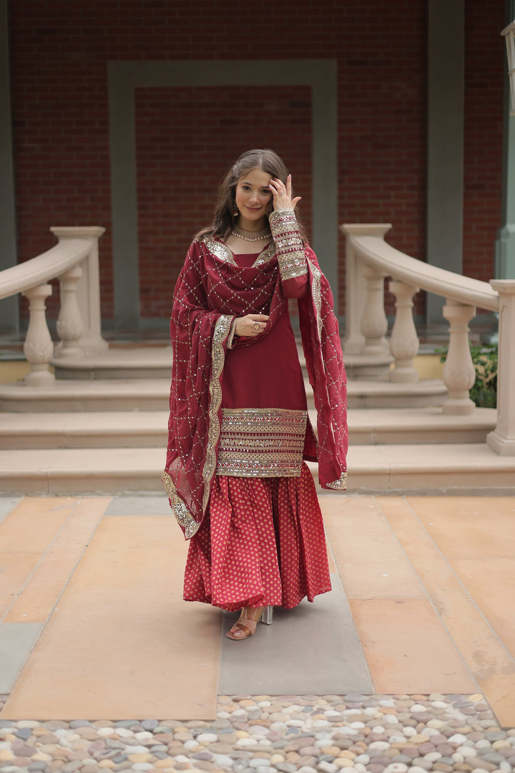 Tishya Maroon Georgette Embroidered Kurti Sharara Set
