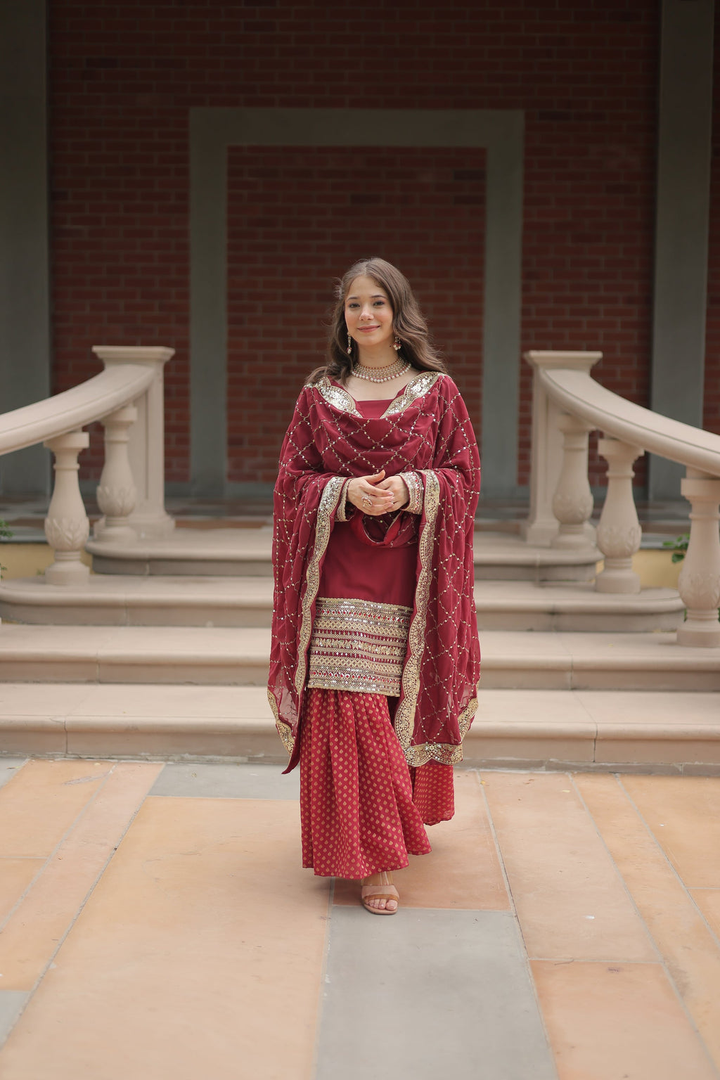Tishya Maroon Georgette Embroidered Kurti Sharara Set