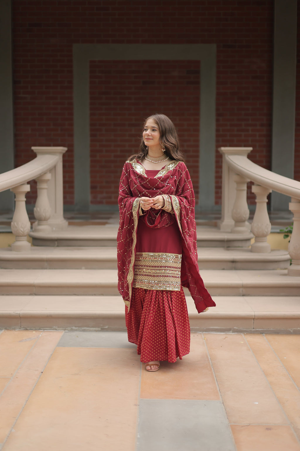 Tishya Maroon Georgette Embroidered Kurti Sharara Set