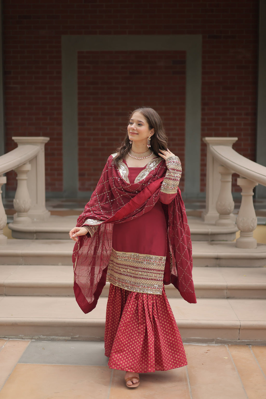 Tishya Maroon Georgette Embroidered Kurti Sharara Set