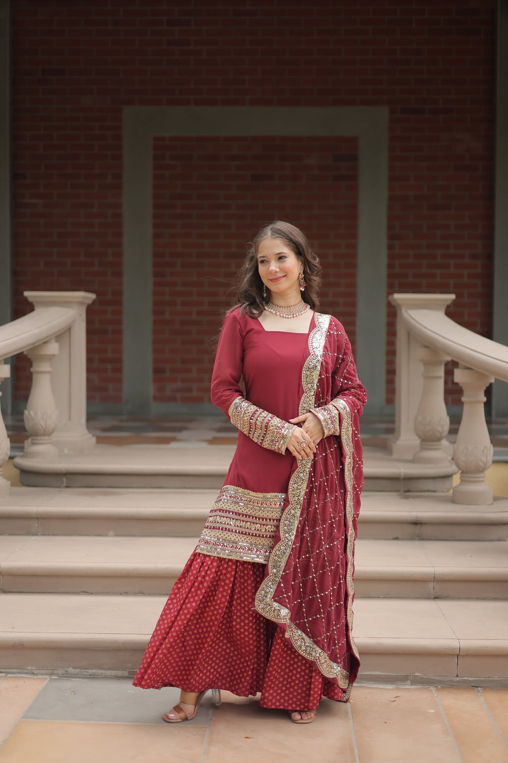 Tishya Maroon Georgette Embroidered Kurti Sharara Set