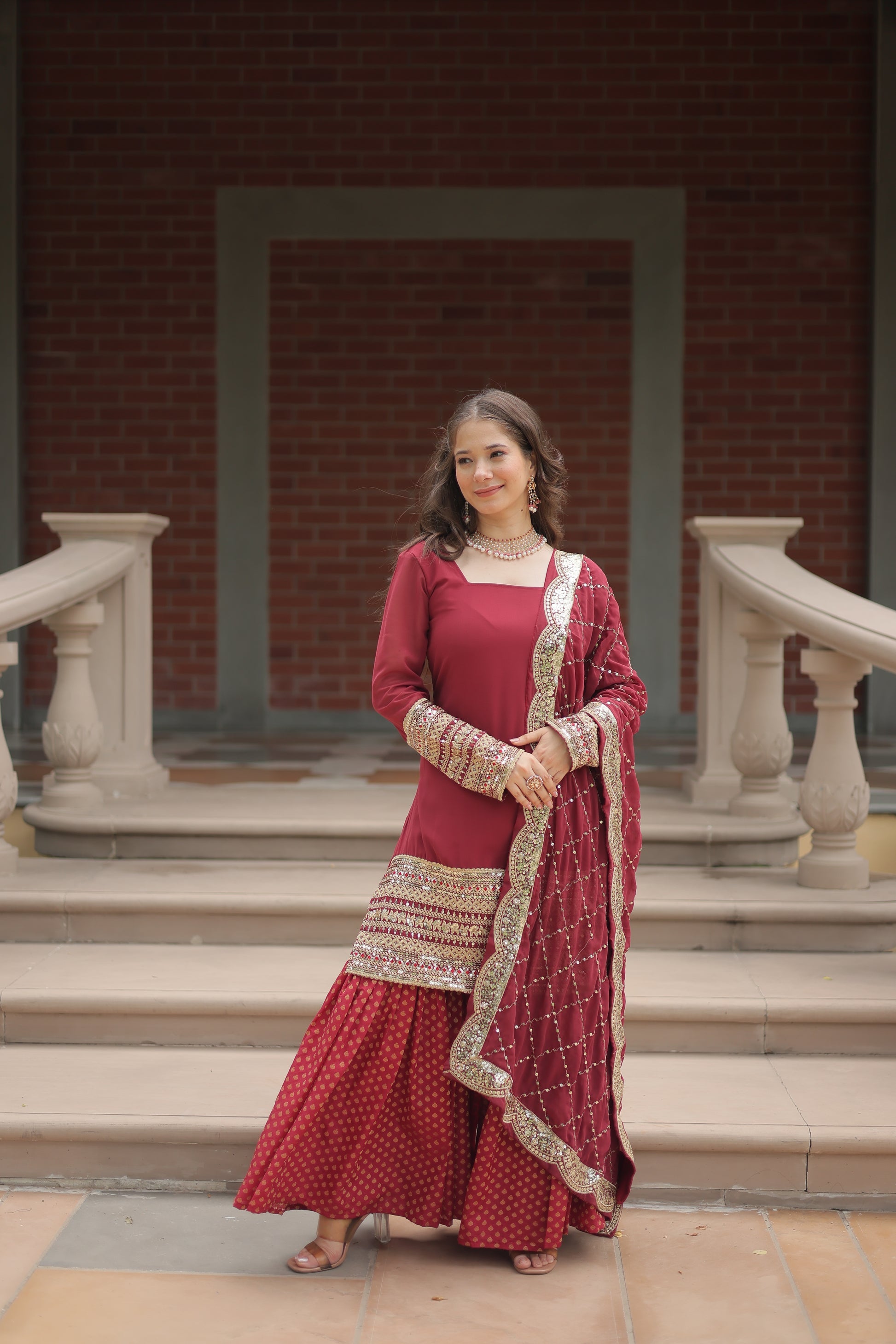 Tishya Maroon Georgette Embroidered Kurti Sharara Set