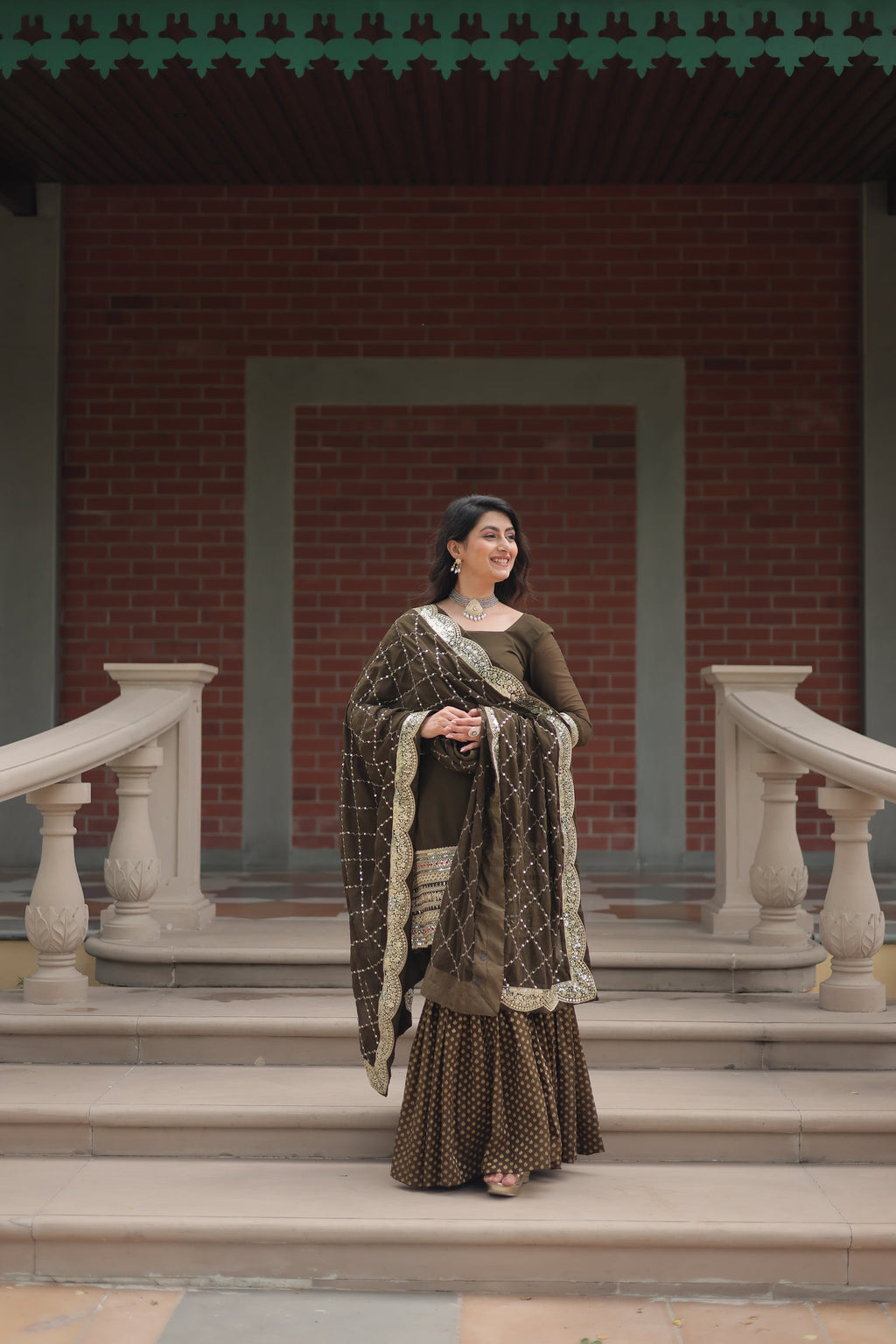 Tishya Mehndi Green Georgette Embroidered Kurti Sharara Set