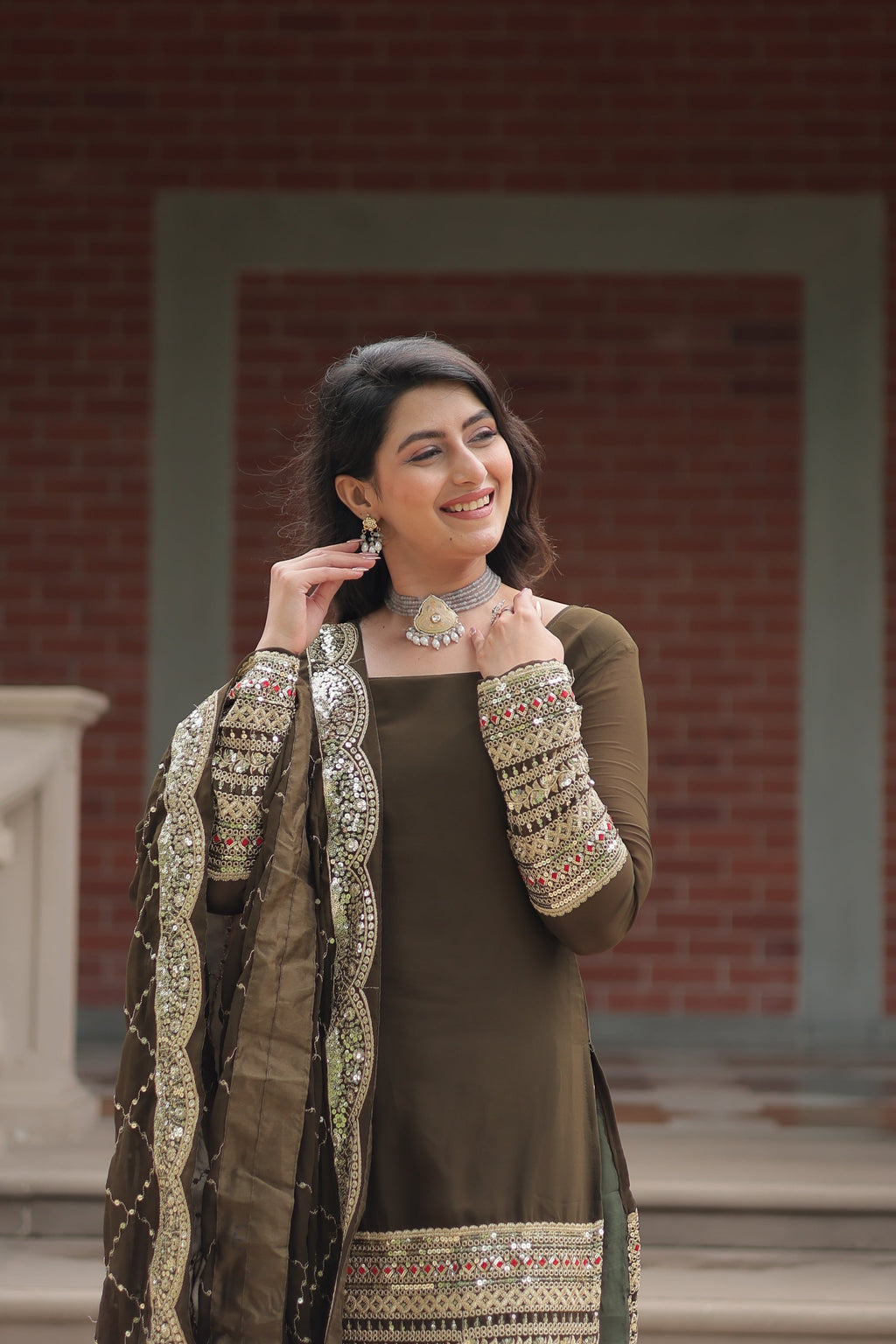 Tishya Mehndi Green Georgette Embroidered Kurti Sharara Set