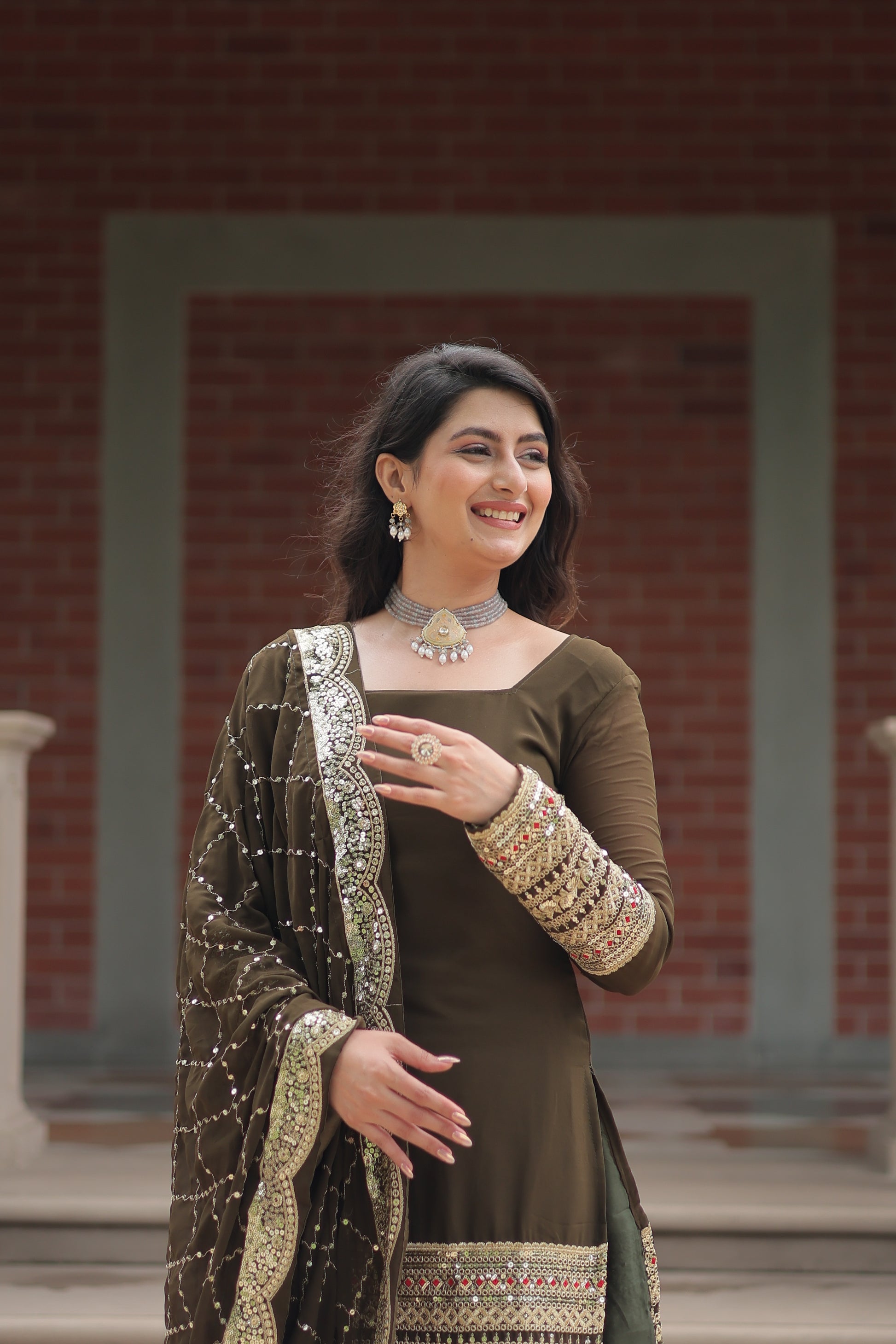 Tishya Mehndi Green Georgette Embroidered Kurti Sharara Set