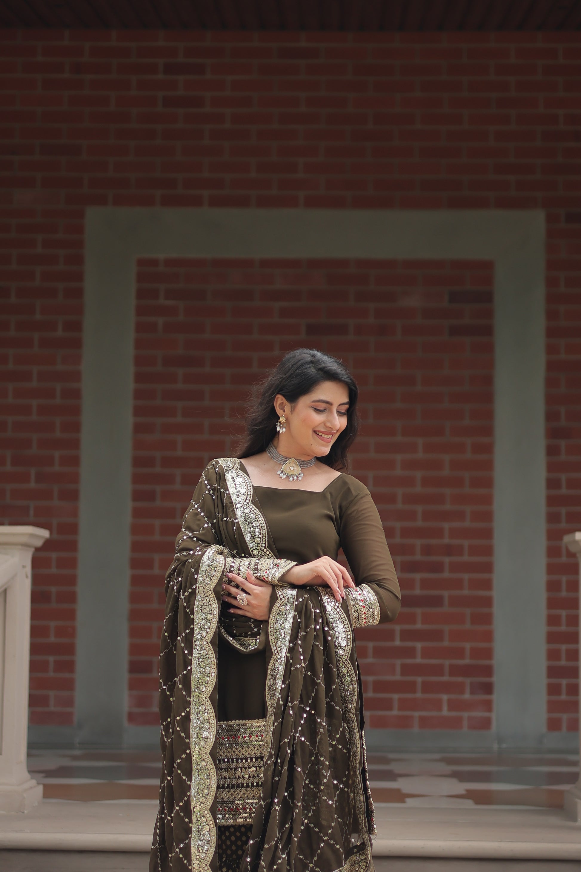 Tishya Mehndi Green Georgette Embroidered Kurti Sharara Set