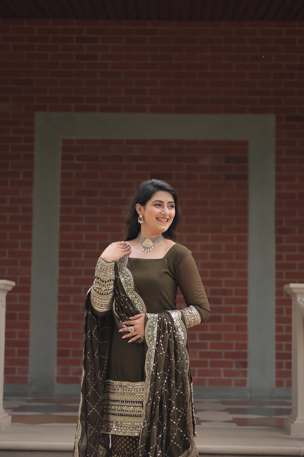 Tishya Mehndi Green Georgette Embroidered Kurti Sharara Set