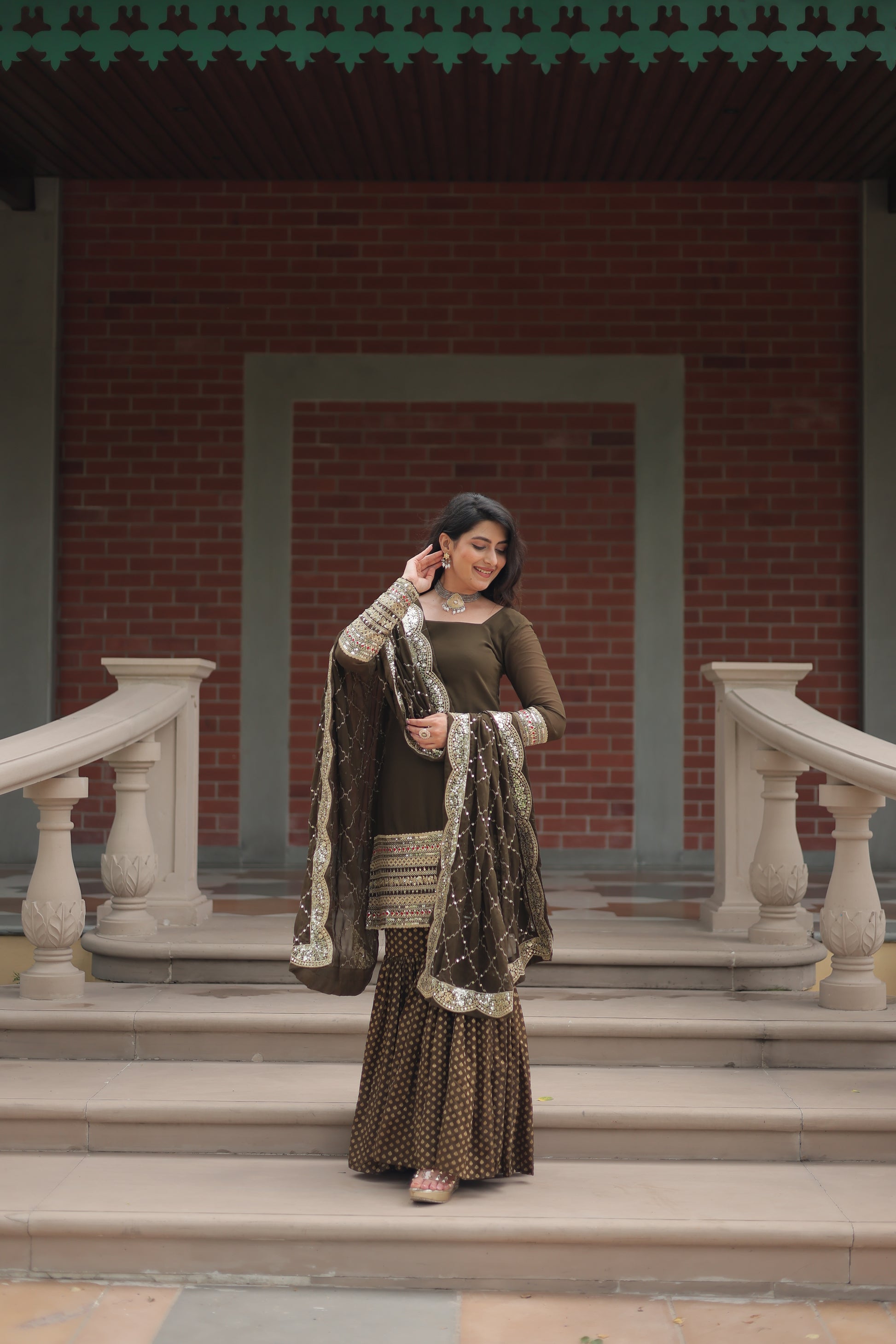 Tishya Mehndi Green Georgette Embroidered Kurti Sharara Set