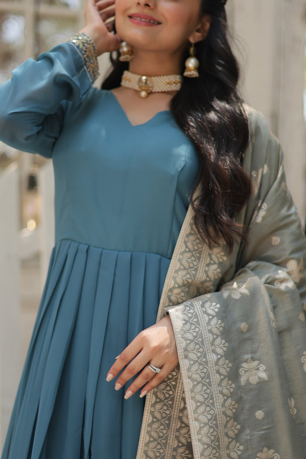Sky blue georgette Tiya designer Anarkali gown