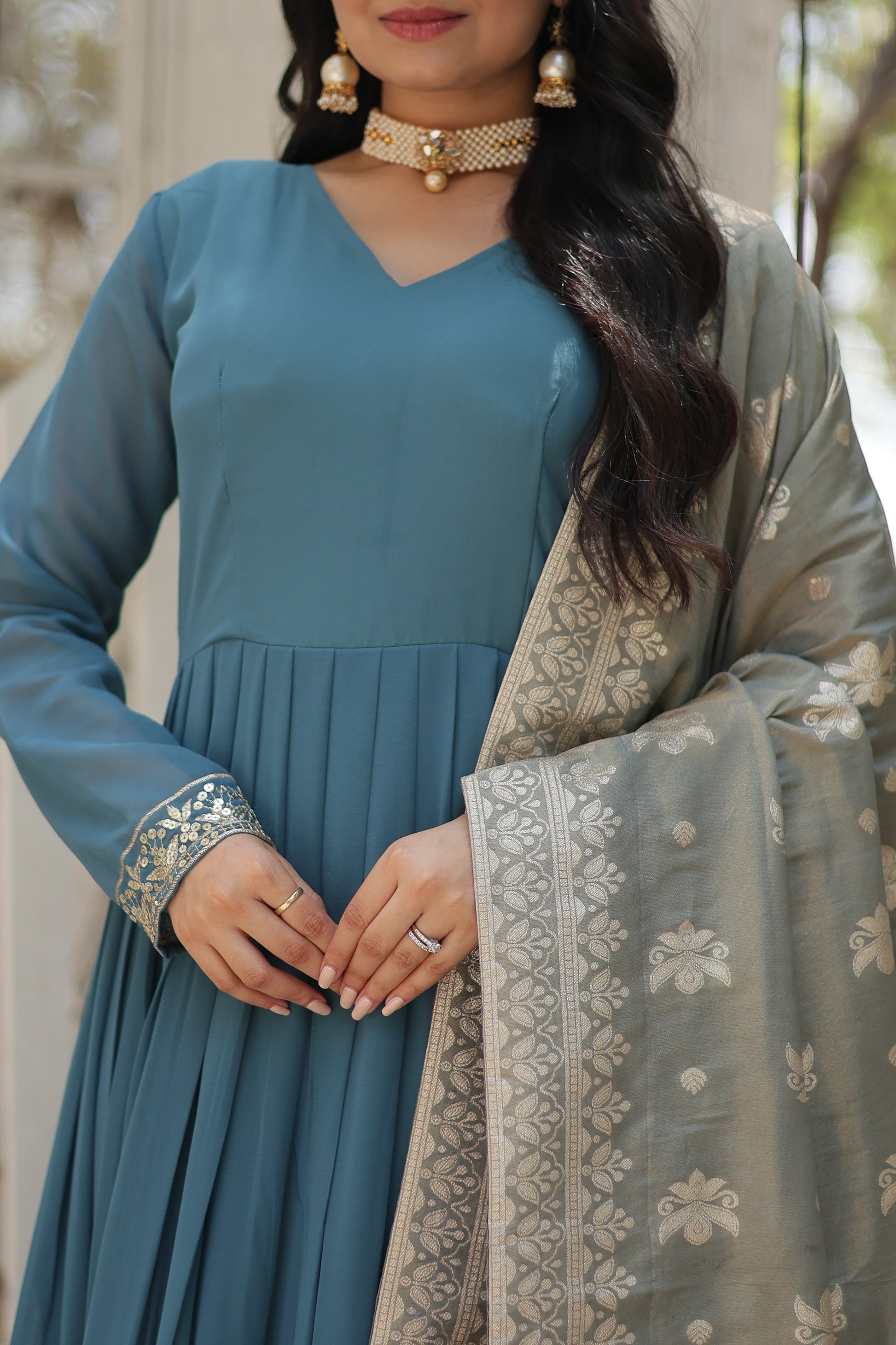 Sky blue georgette Tiya designer Anarkali gown
