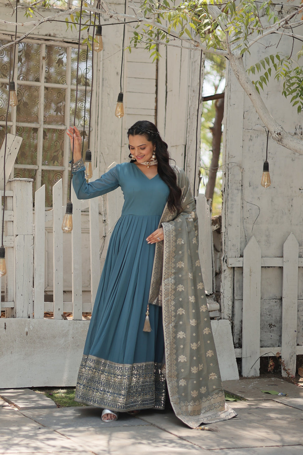 Sky blue georgette Tiya designer Anarkali gown