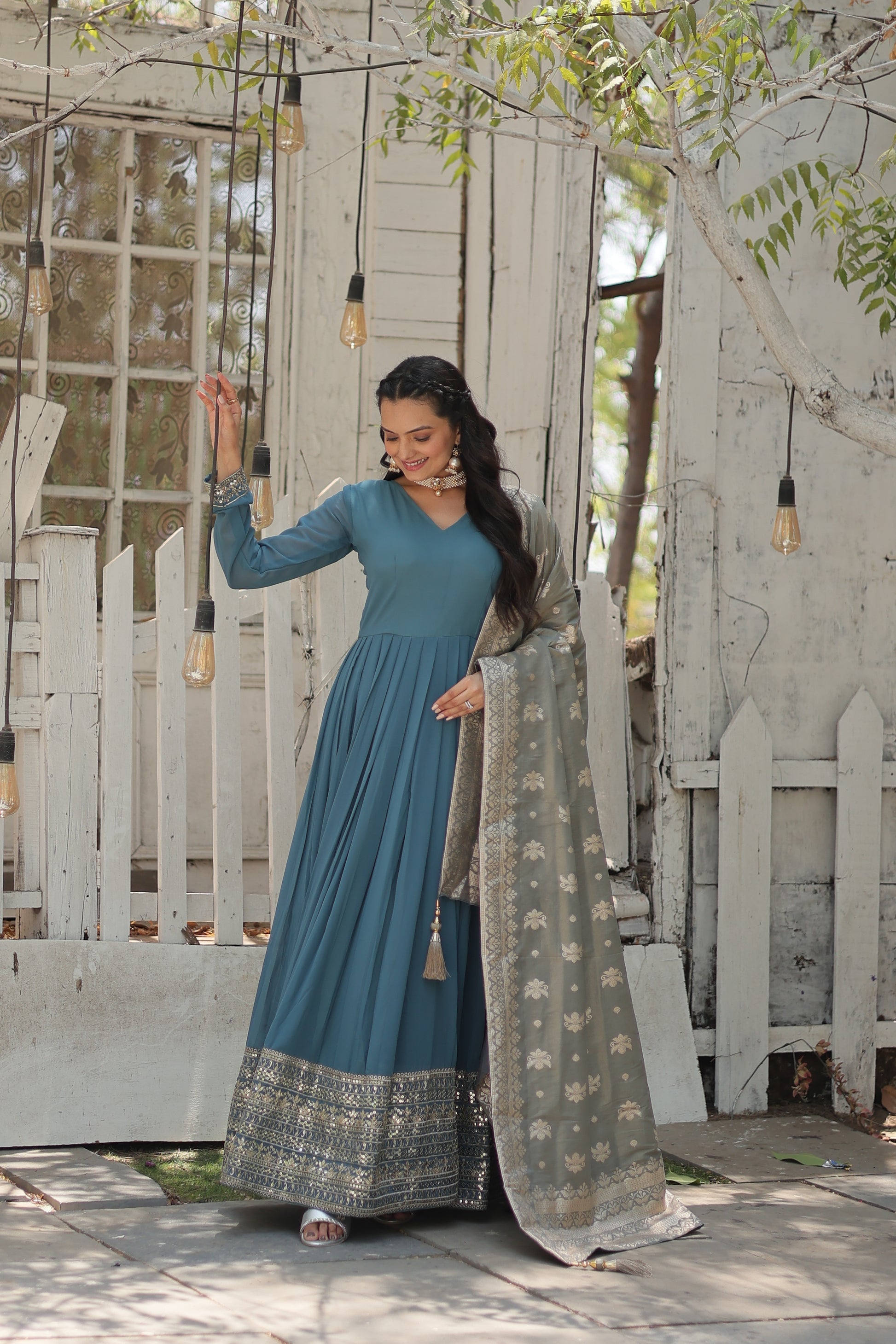 Sky blue georgette Tiya designer Anarkali gown