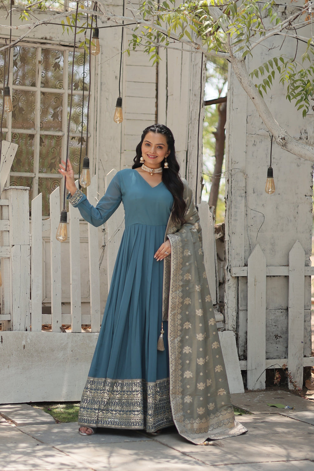 Sky blue georgette Tiya designer Anarkali gown