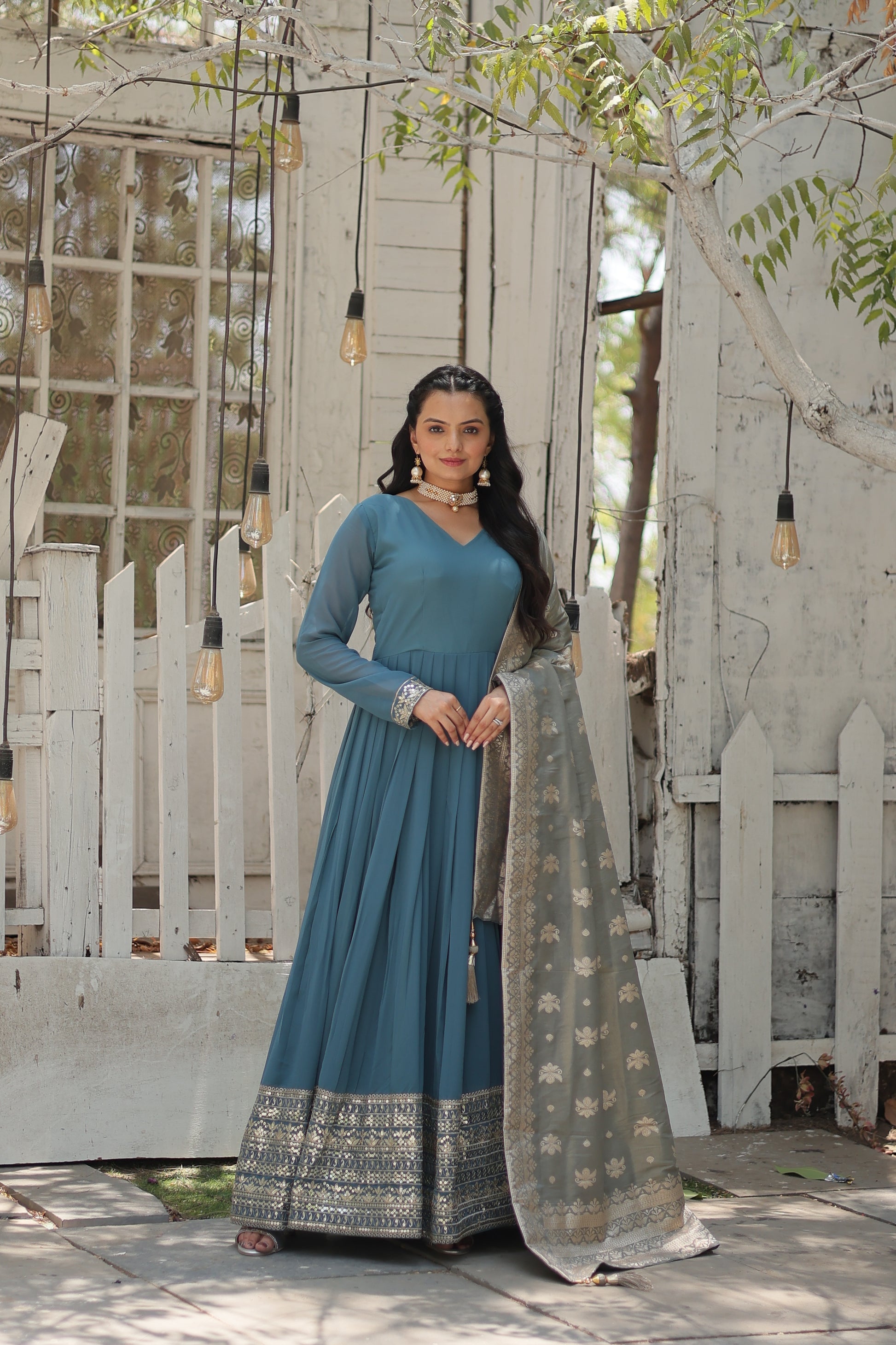 Sky blue georgette Tiya designer Anarkali gown