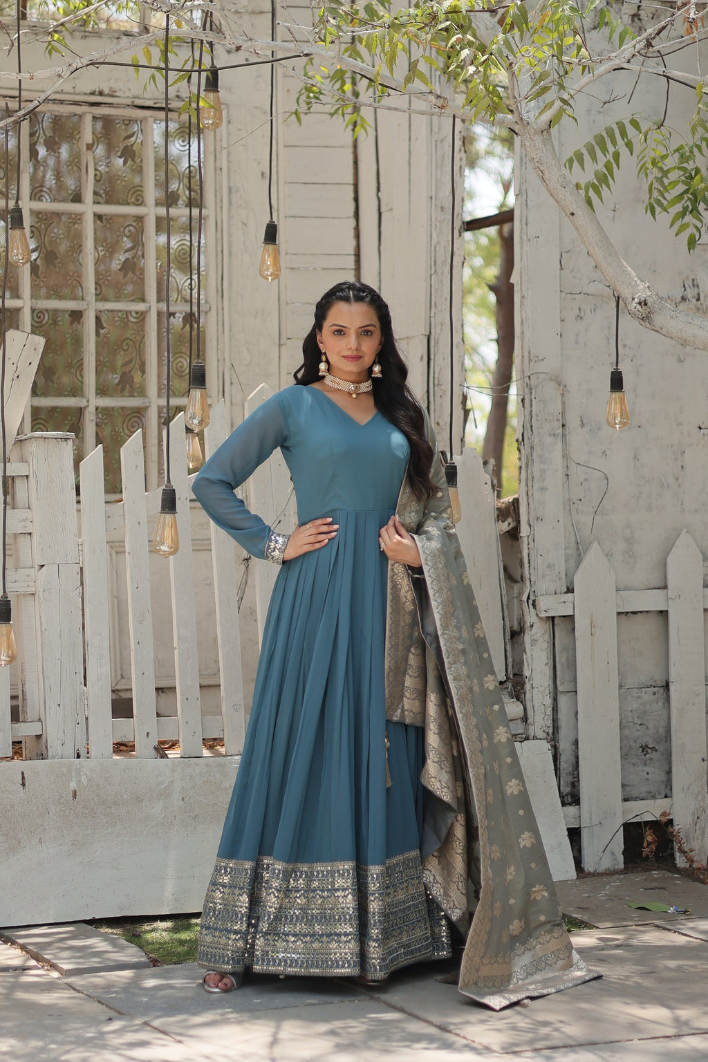 Sky blue georgette Tiya designer Anarkali gown