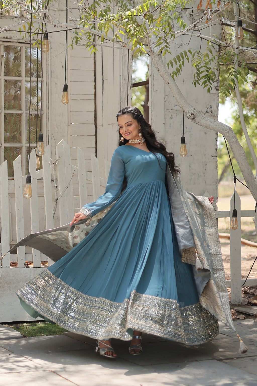 Sky blue georgette Tiya designer Anarkali gown