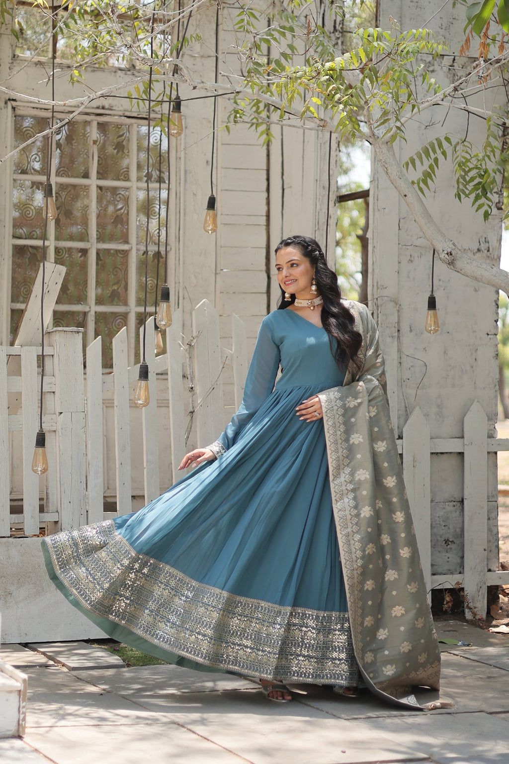 Sky blue georgette Tiya designer Anarkali gown