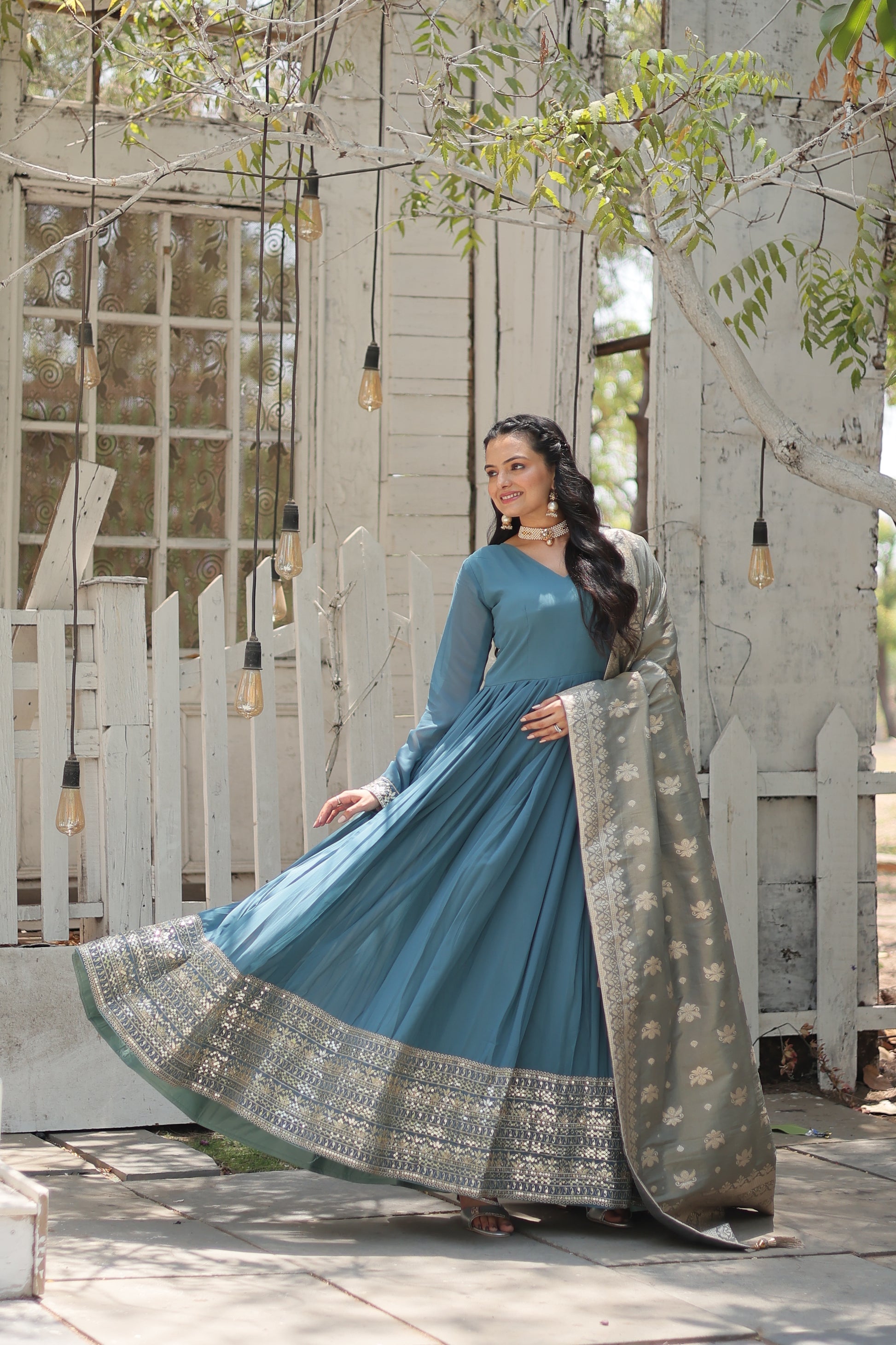 Sky blue georgette Tiya designer Anarkali gown
