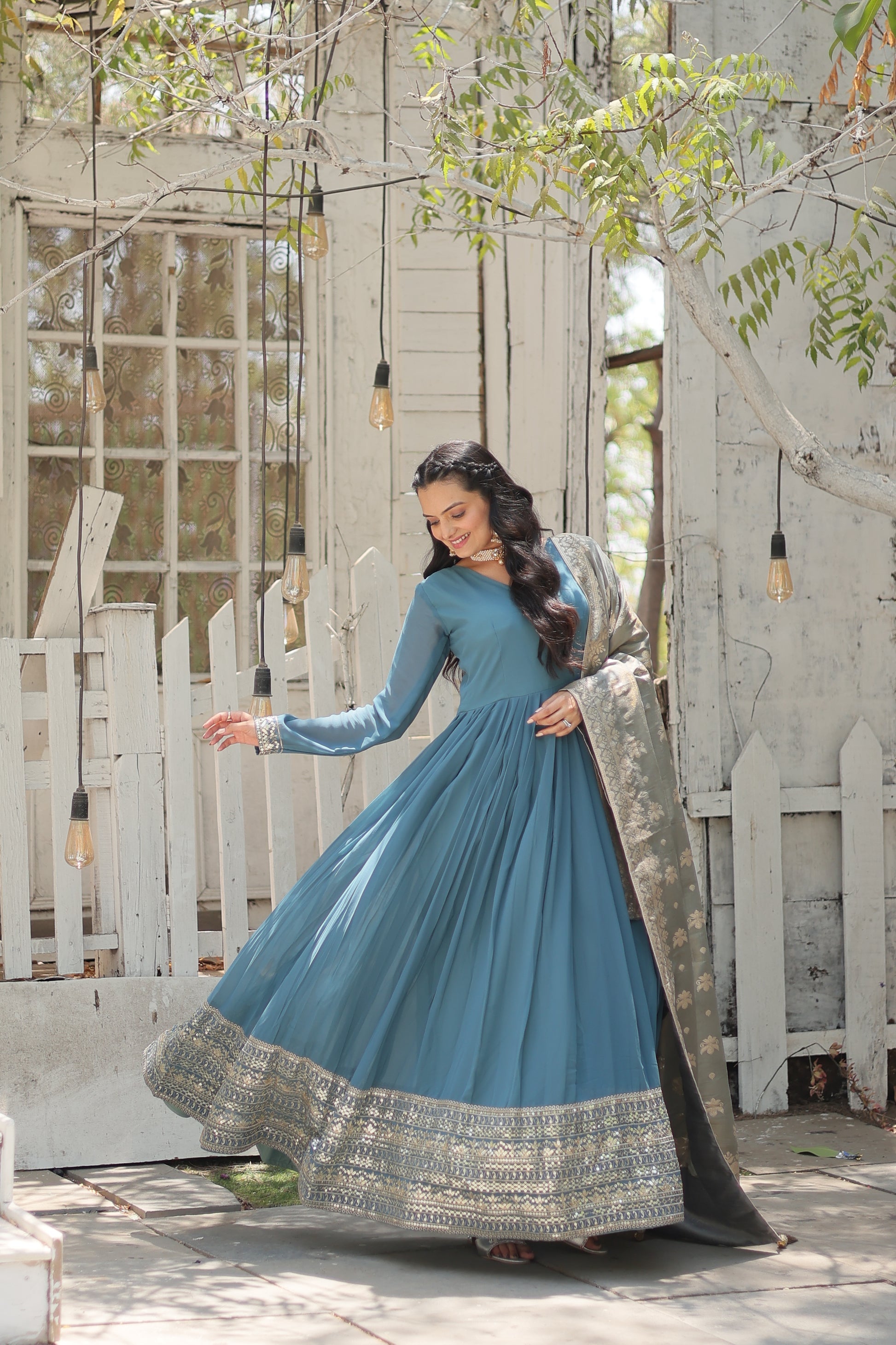 Sky blue georgette Tiya designer Anarkali gown