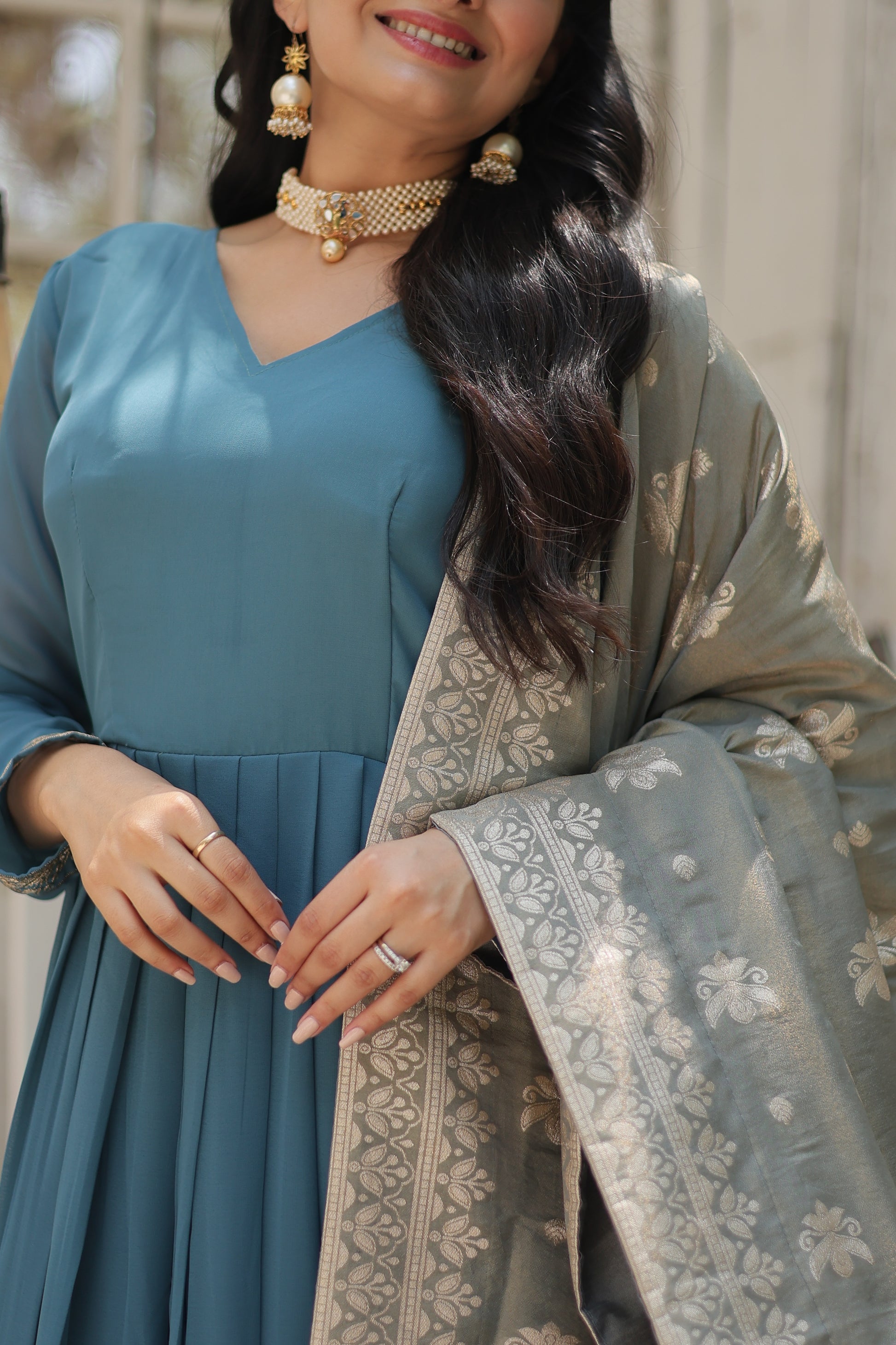 Sky blue georgette Tiya designer Anarkali gown