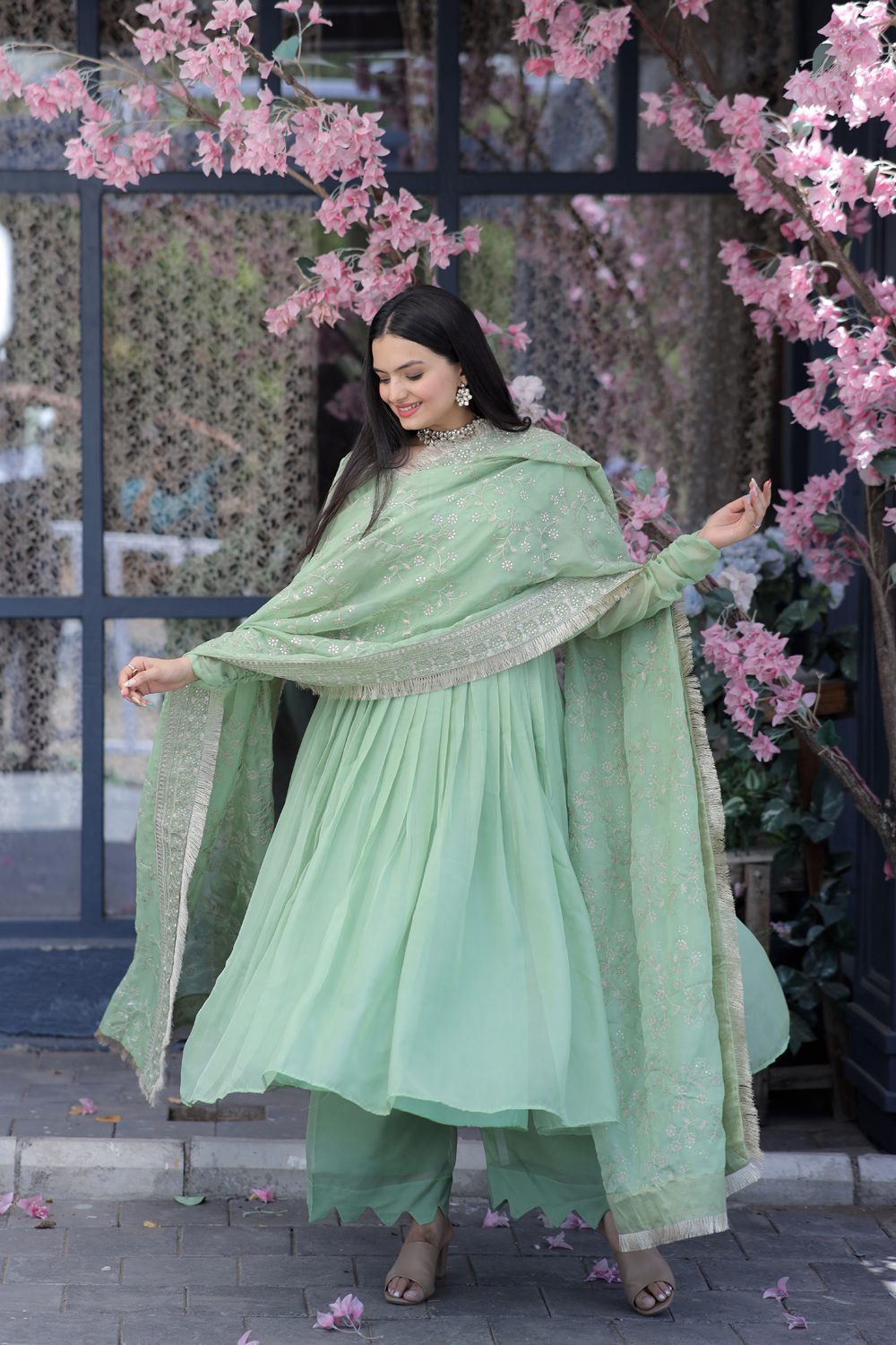 Swarna teal tebby silk anarkali suit set