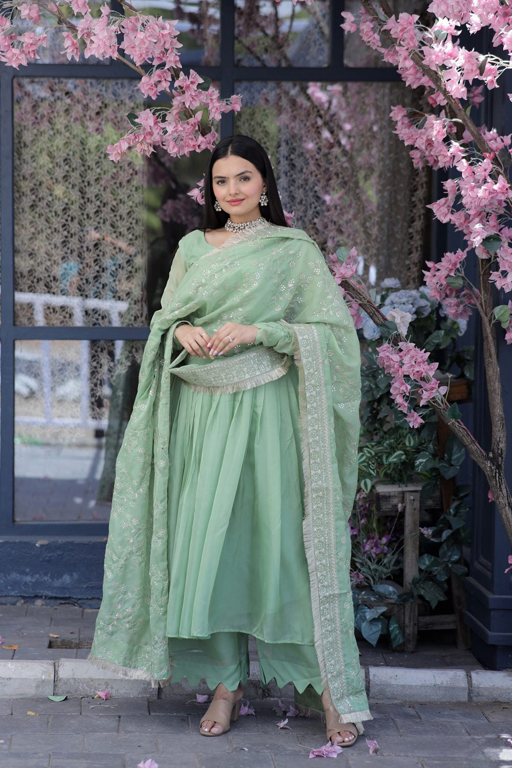 Swarna teal tebby silk anarkali suit set