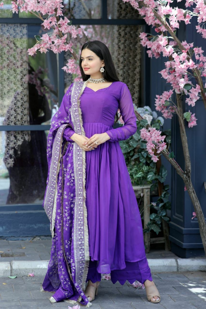 Swarna purple tebby silk anarkali suit set