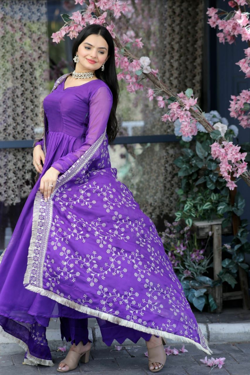 Swarna purple tebby silk anarkali suit set