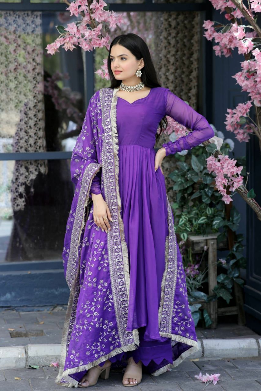 Swarna purple tebby silk anarkali suit set